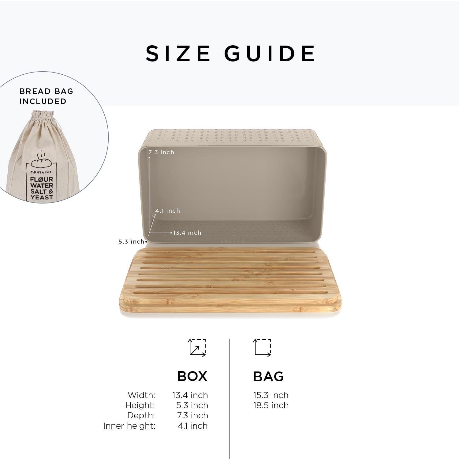 LARS NYSØM Bread Box I Metal bread box with linen bread bag for long lasting freshness I Bread box with bamboo lid usable as cutting board I 34 x 19.5 x 13.5 cm (Taupe Brown)