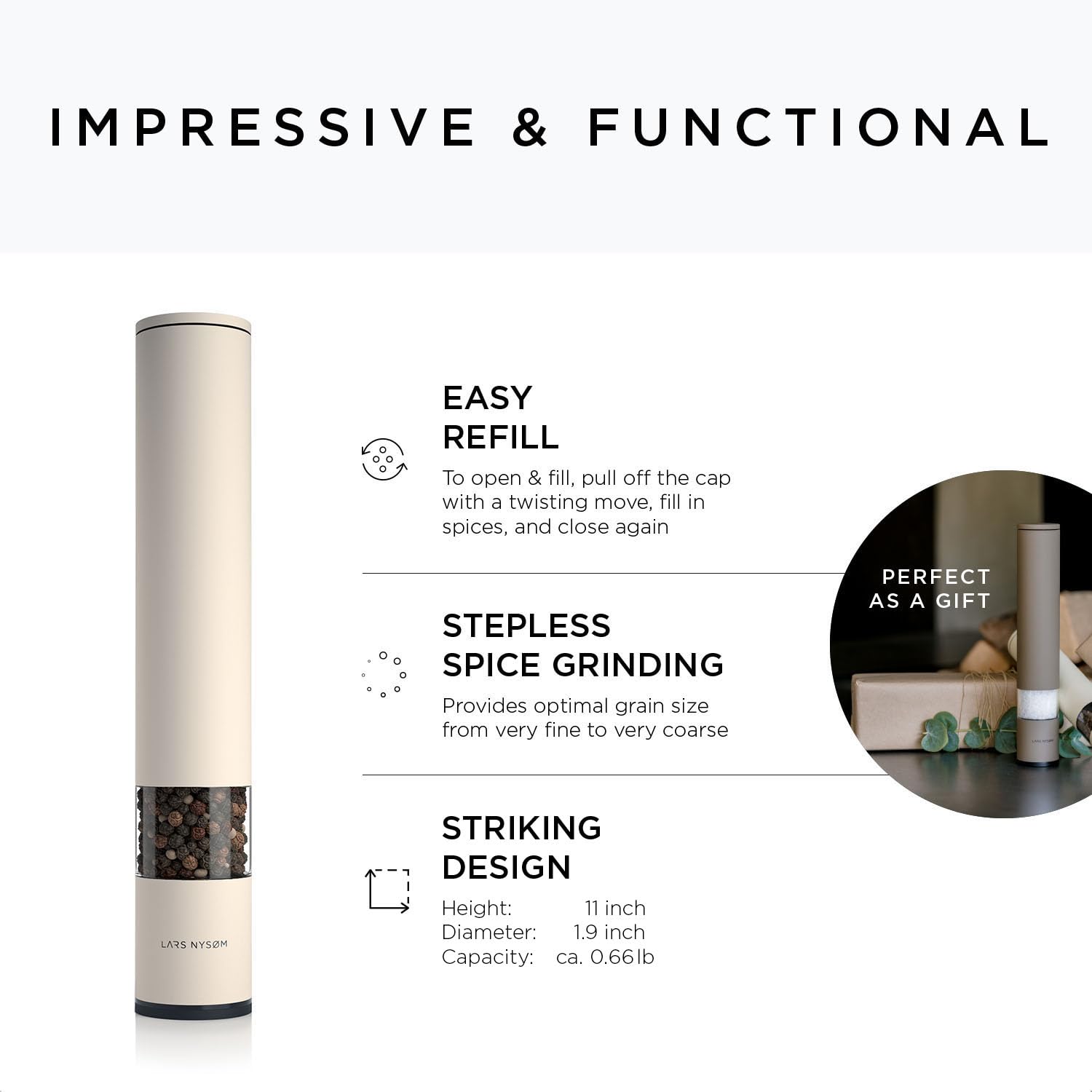 LARS NYSØM Salt and Pepper Mills Set Stainless Steel with Adjustable Ceramic Grinder 2 Pieces I Design Spice Mills Set Manual (Brown/Beige)