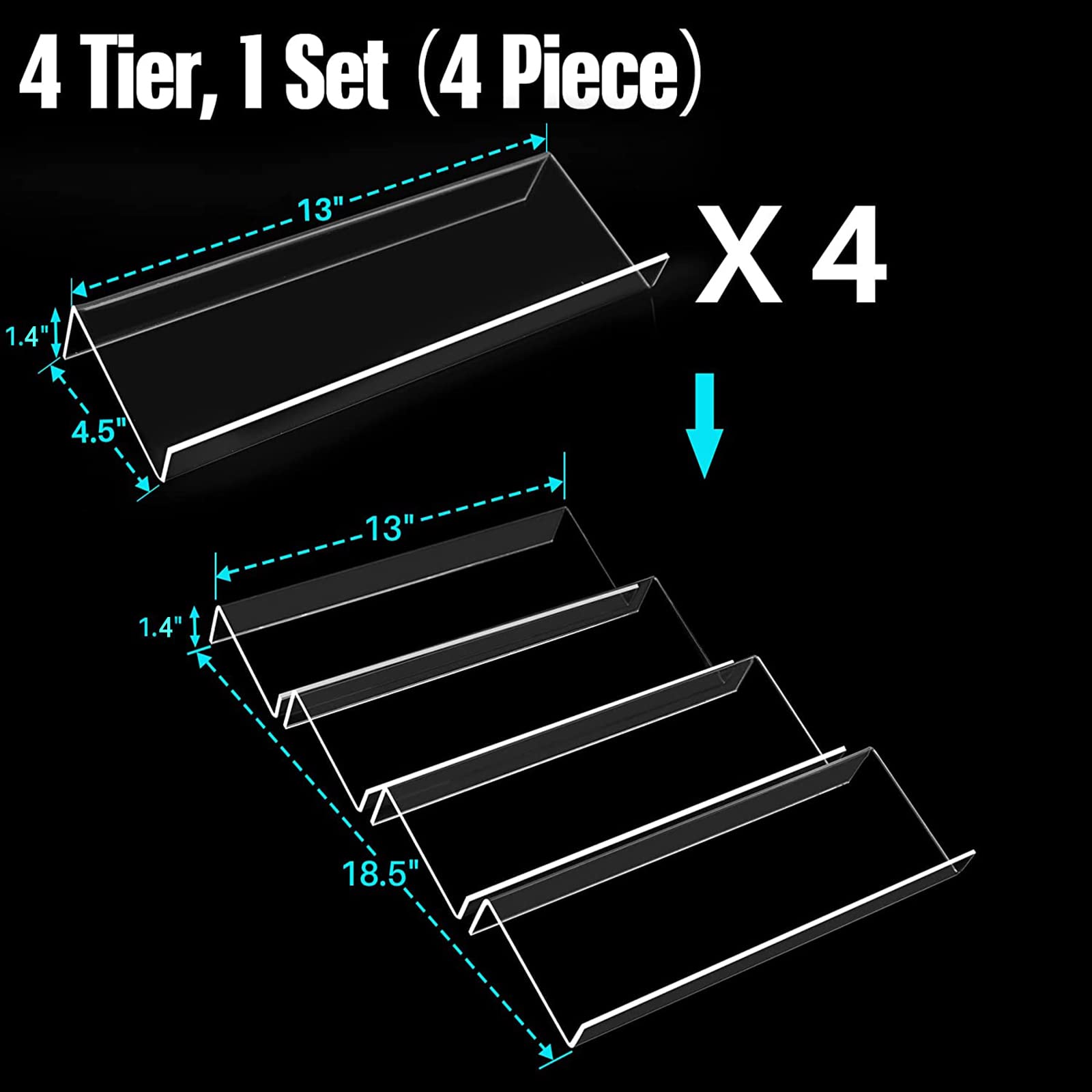 Clear Acrylic Spice Drawer Organizer, 4 Tier- 2 Set Expandable From 33 cm to 66 cm Seasoning Jars Drawers Insert, Kitchen Spice Rack Tray for Drawer/Countertop (Jars and Labels not included)