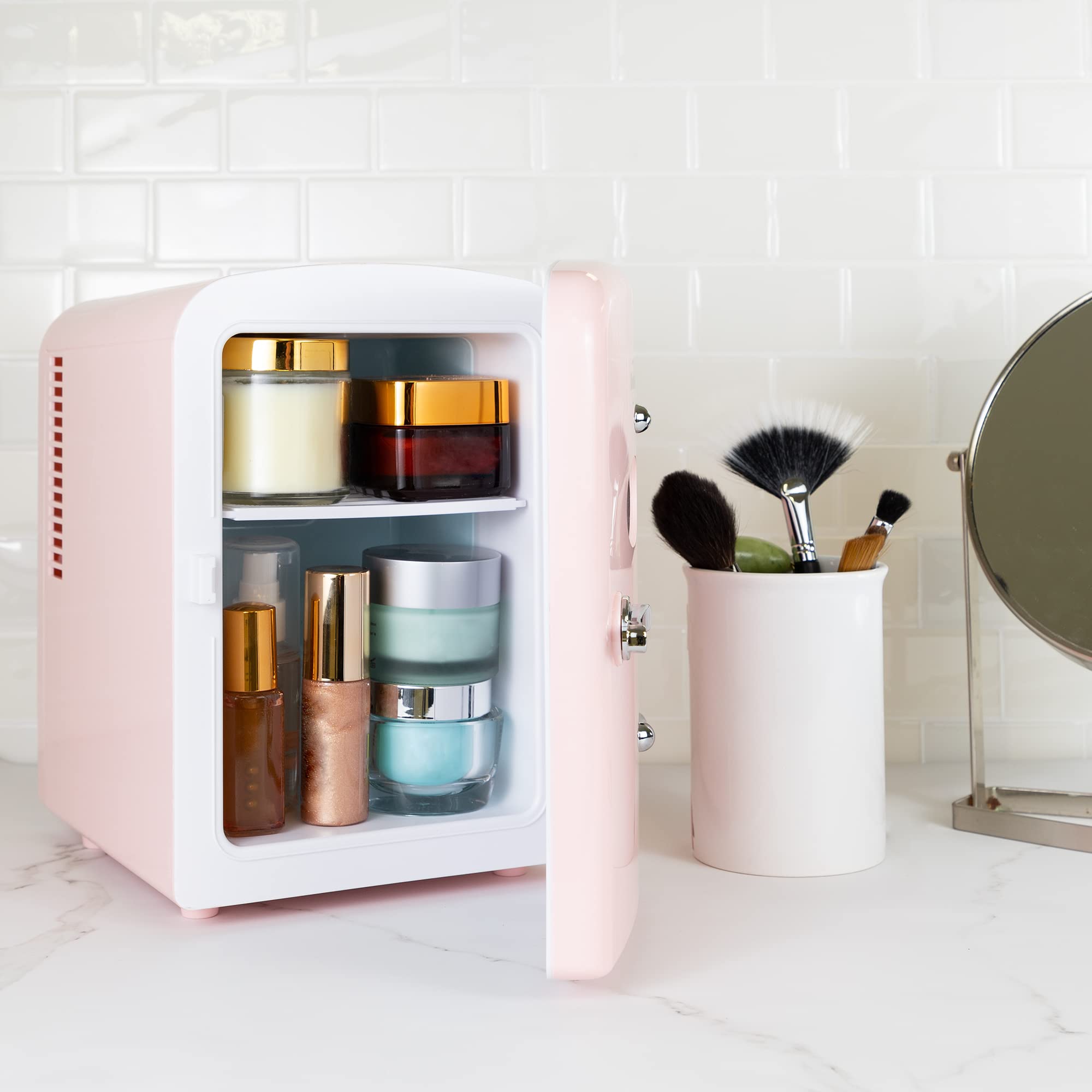 Koolatron Retro Mini Portable Fridge, 4L Compact Refrigerator for Skincare, Beauty Serum, Face Mask, Personal Cooler, Includes 12V Car Adapter, Desktop Accessory for Home Office Dorm Travel, Pink
