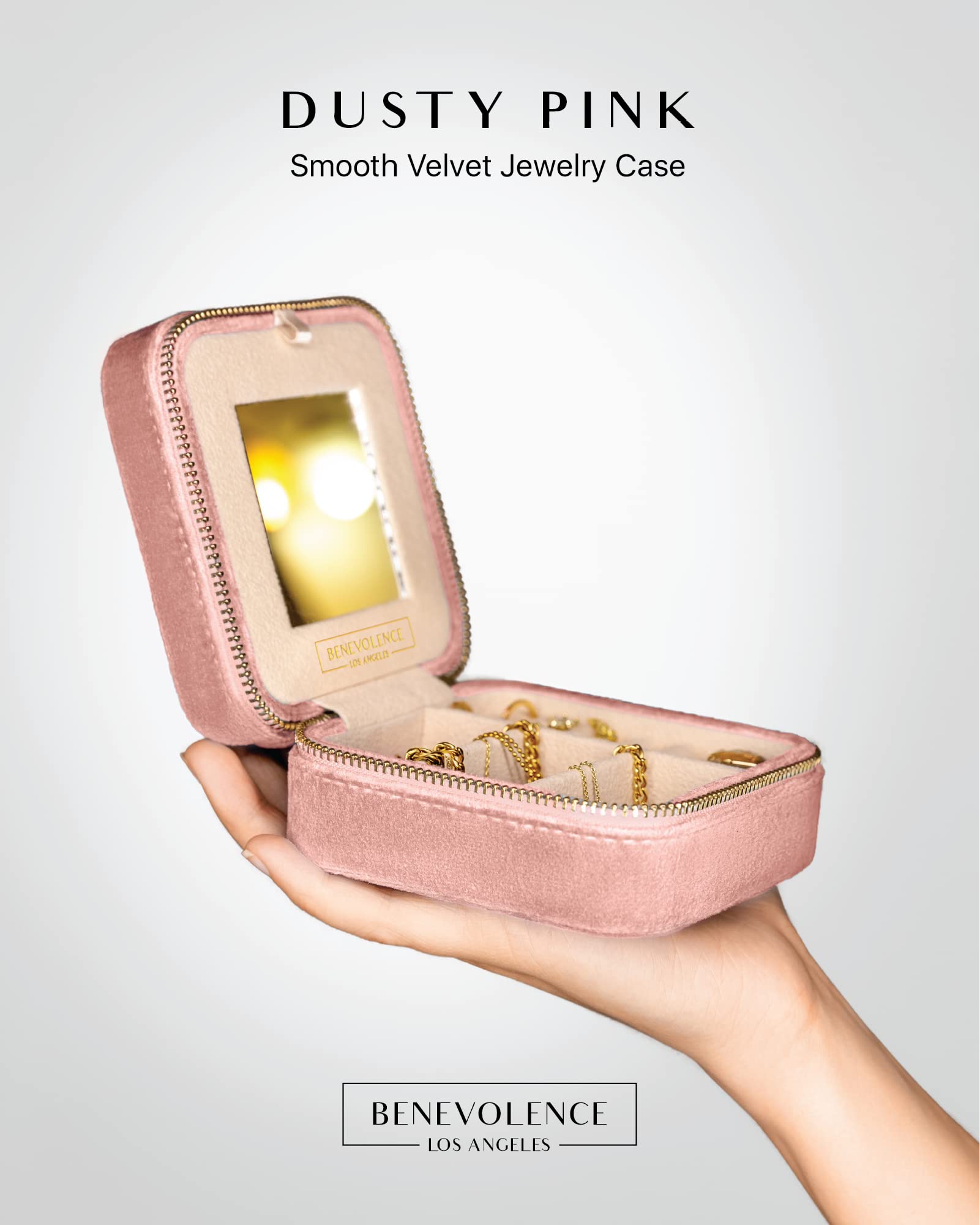 Benevolence LA Plush Velvet Travel Jewelry Storage Box | Travel Jewelry Case Small Jewelry Box for Women | Jewelry Travel Organizer | Earring Organizer with Mirror - Dusty Pink