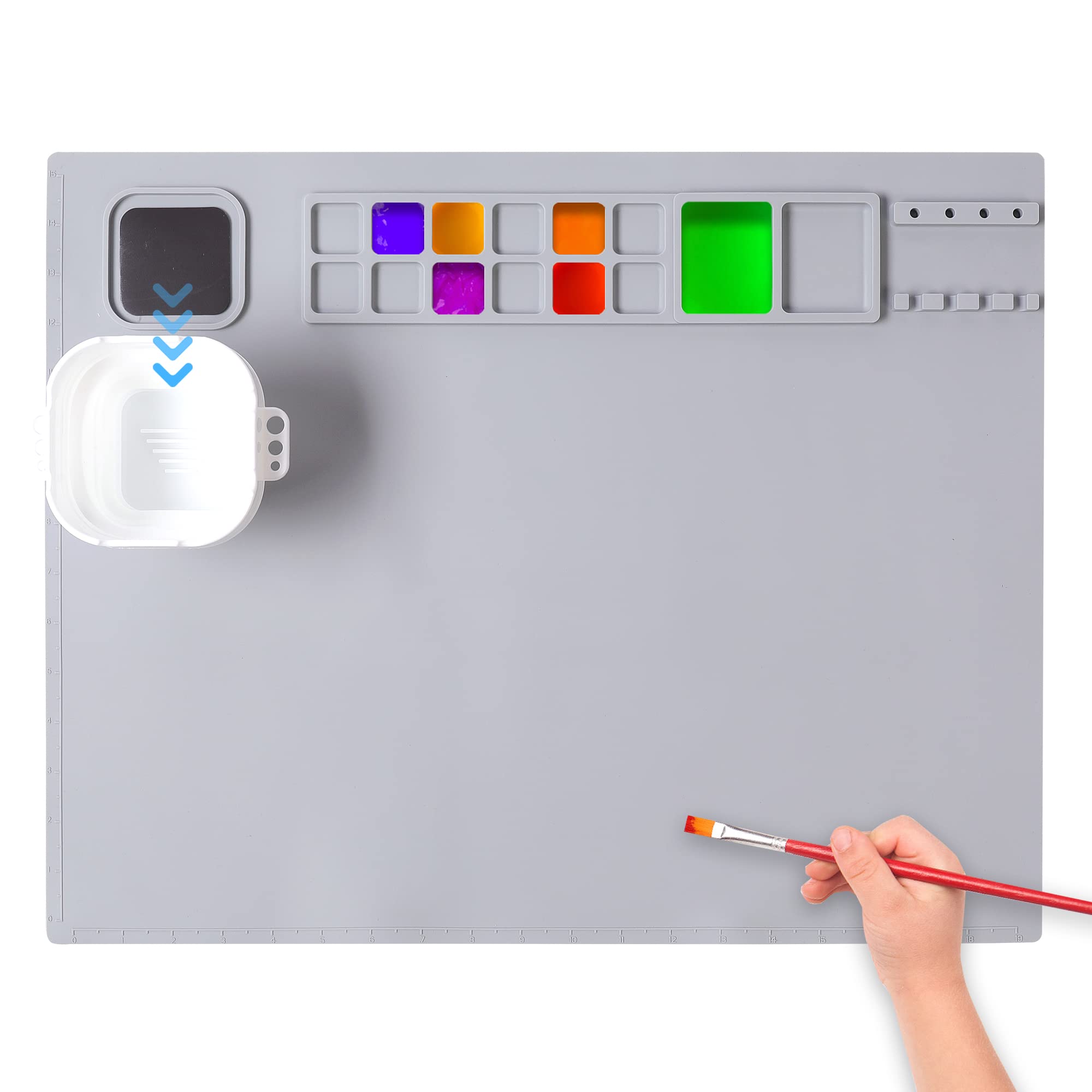 AWOKE Silicone Painting Mat - 20"X16" Silicone Art Mat with 1 Water Cup for Kids - Silcone Craft Mat has12 Color Dividers - 2 Paint Dividers (White)