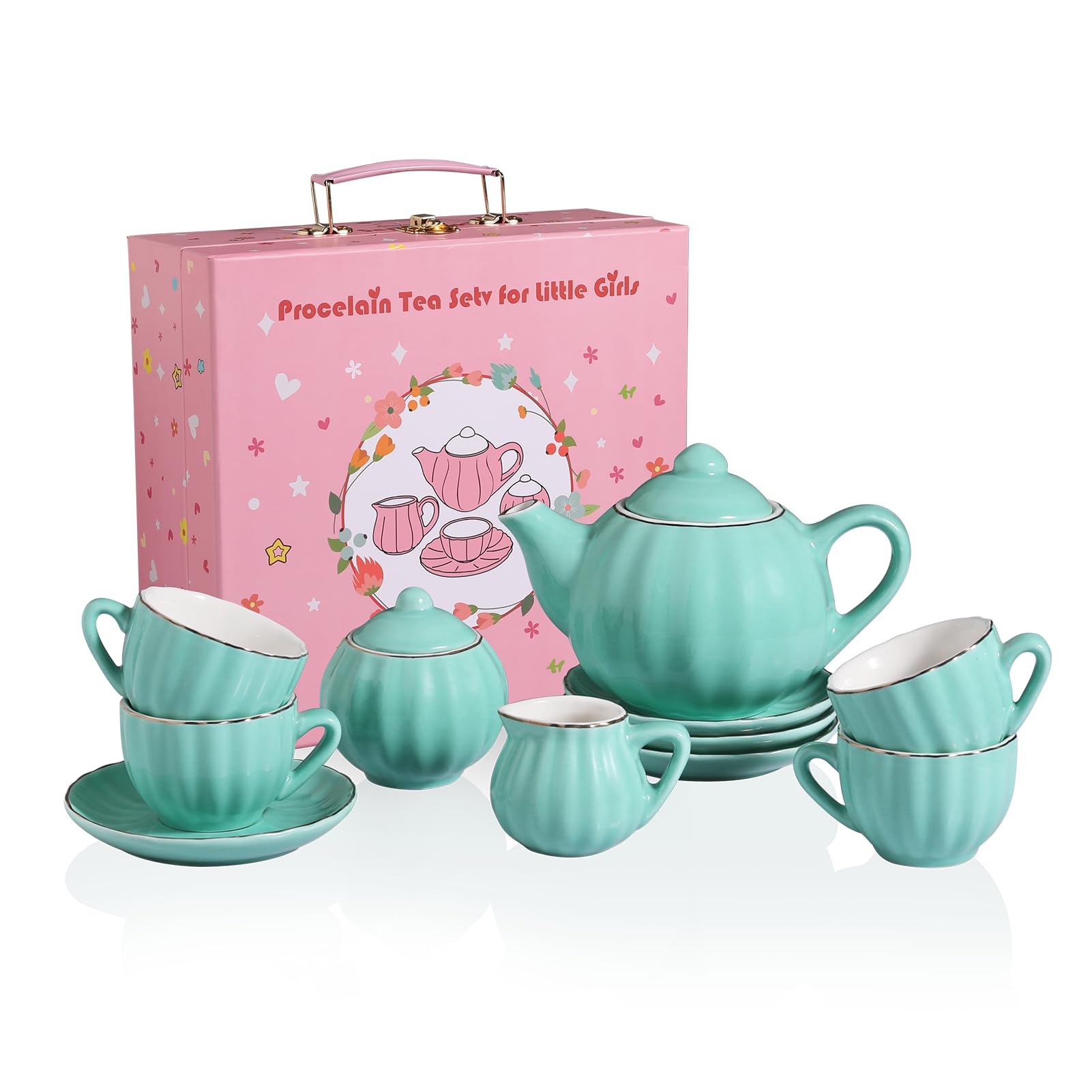 Sweejar Porcelain Tea Set for Little Girls,Kitchen Toys Tea Party Set for Kids Toddler Kitchen Pretend Toy Include Children Teapot, Cup & Saucer Set of 4, Sugar Bowl and Cream Pitcher(Pink)