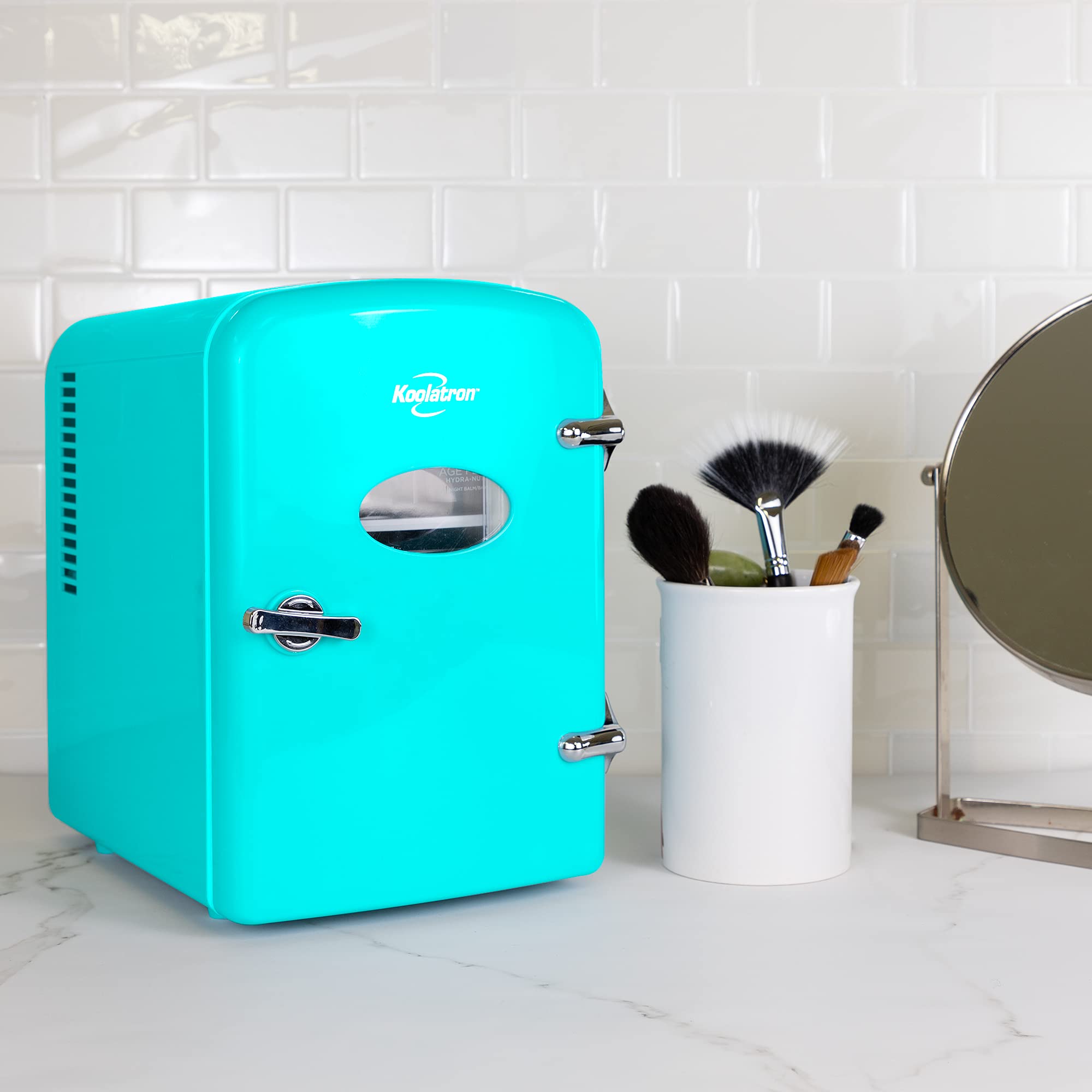 Koolatron Retro Mini Portable Fridge, 4L Compact Refrigerator for Skincare, Beauty Serum, Face Mask, Personal Cooler, Includes 12V Car Adapter, Desktop Accessory for Home Office Dorm Travel, Pink
