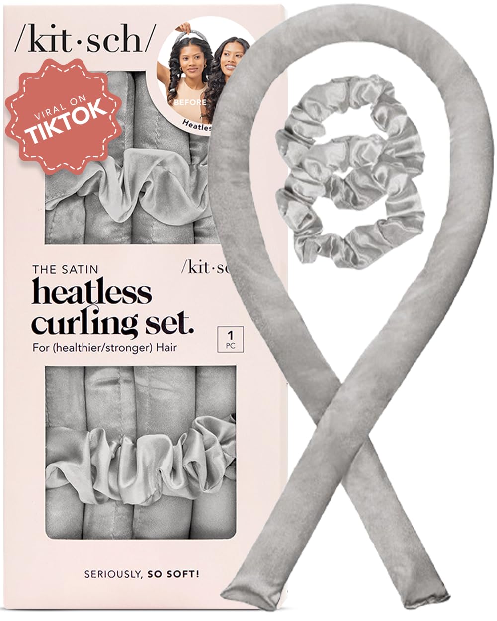 Kitsch Satin Heatless Curling Set for No-Heat Soft Curls | Overnight Hair Curlers & Curling Rod Headband, Frizz-Free Styling | Gentle Rollers for All Hair Types - 1 Pack (Charcoal)