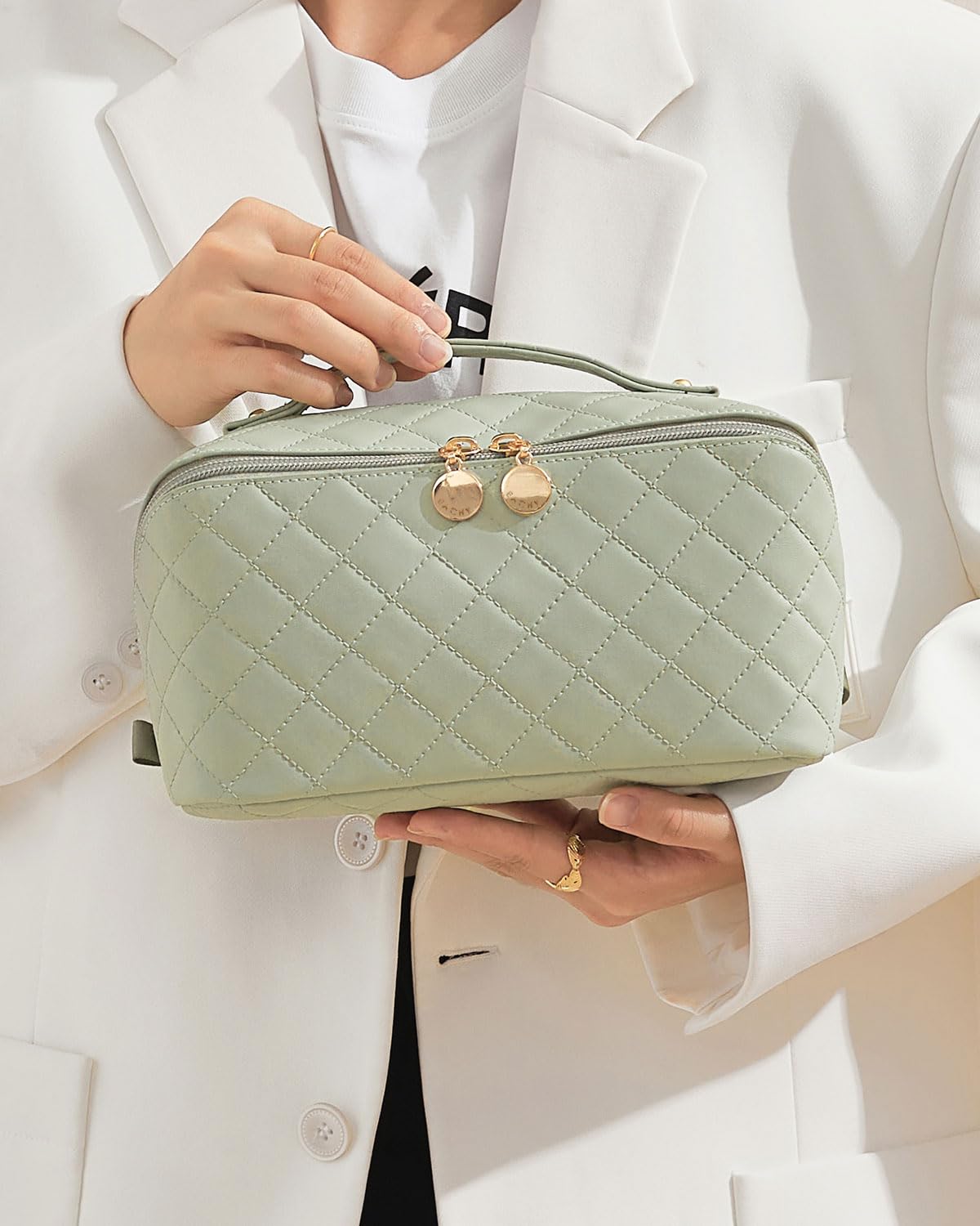 EACHY Travel Makeup Bag,Large Capacity Cosmetic Bags for Women,Waterproof Portable Pouch Open Flat Toiletry Bag Make up Organizer with Divider and Handle