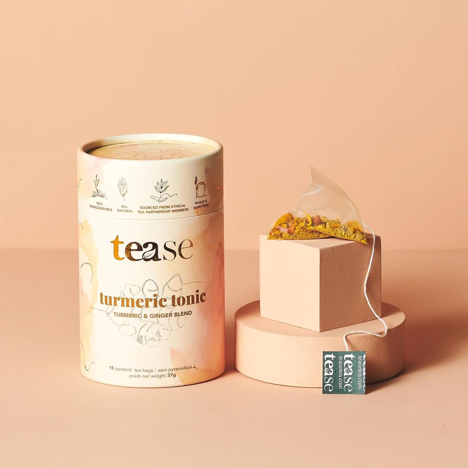 Tease Tea Organic Tea Tube Gift Set | 15 Piece Botanical Pyramid Tea Bag Infuser Sachets Loose Leaf Support Citrusy Blend with Rooibos, Peppermint, Valerian Root Caffeine Free 37g (Golden Slumbers)