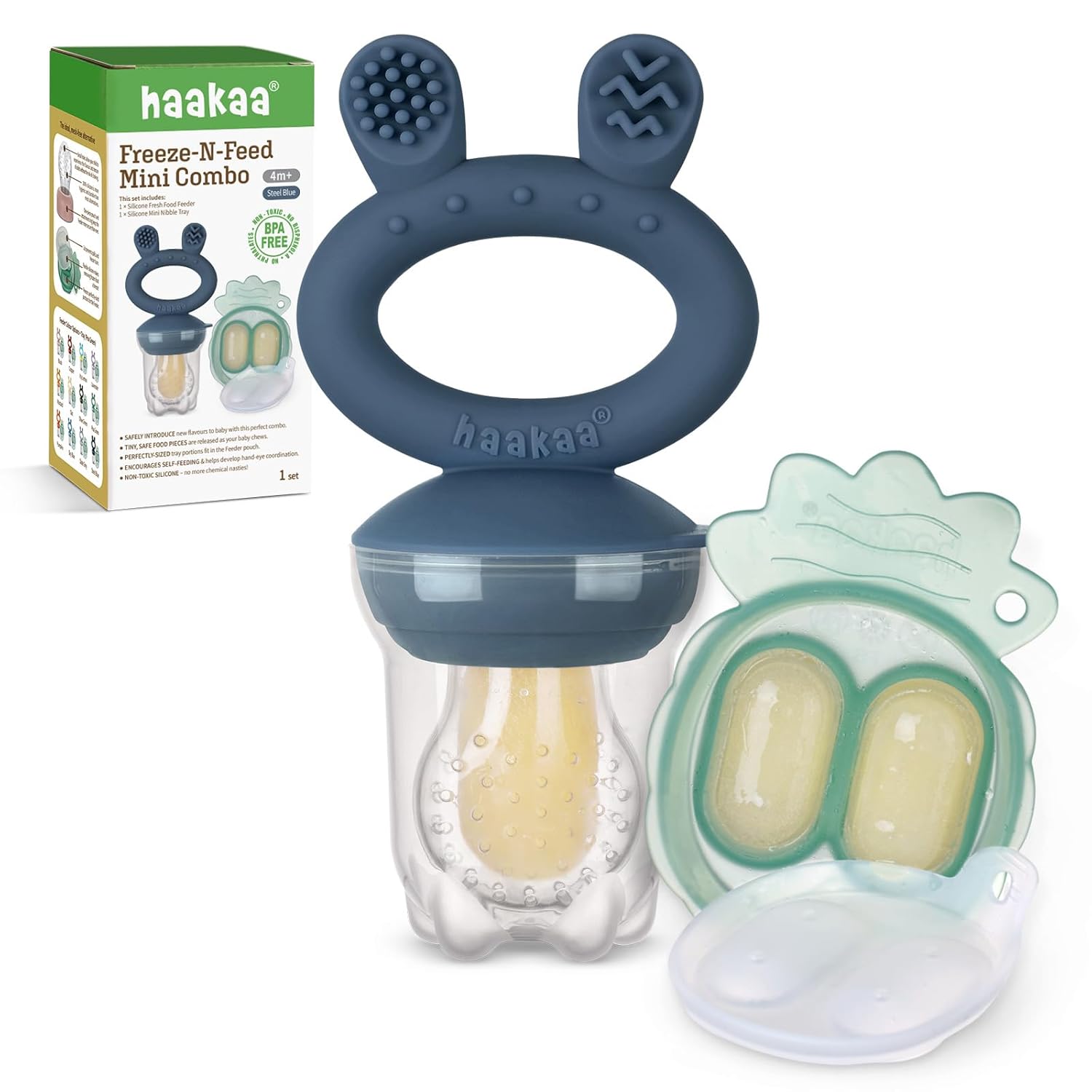 Haakaa Baby Fruit Food Feeder & Mini Freezer Nibble Tray Combo, Breastmilk Popsicle Molds for Cooling Relief, BPA Free Silicone Feeder for Safe Infant Self Feeding, 4 Month+ (Pea Green)