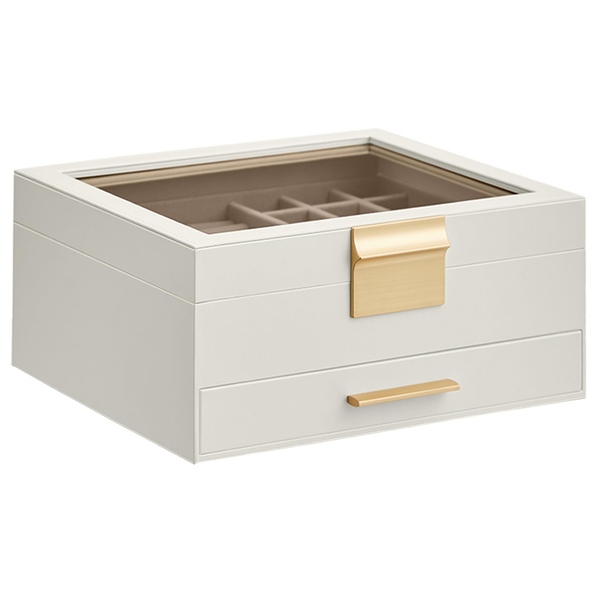 SONGMICS Jewelry Box with Glass Lid, 3-Layer Jewelry Organizer, 2 Drawers, for Big and Small Jewelry, Jewelry Storage, Modern Style, 8 x 9.1 x 5.3 Inches, Cloud White and Gold Color UJBC239WT