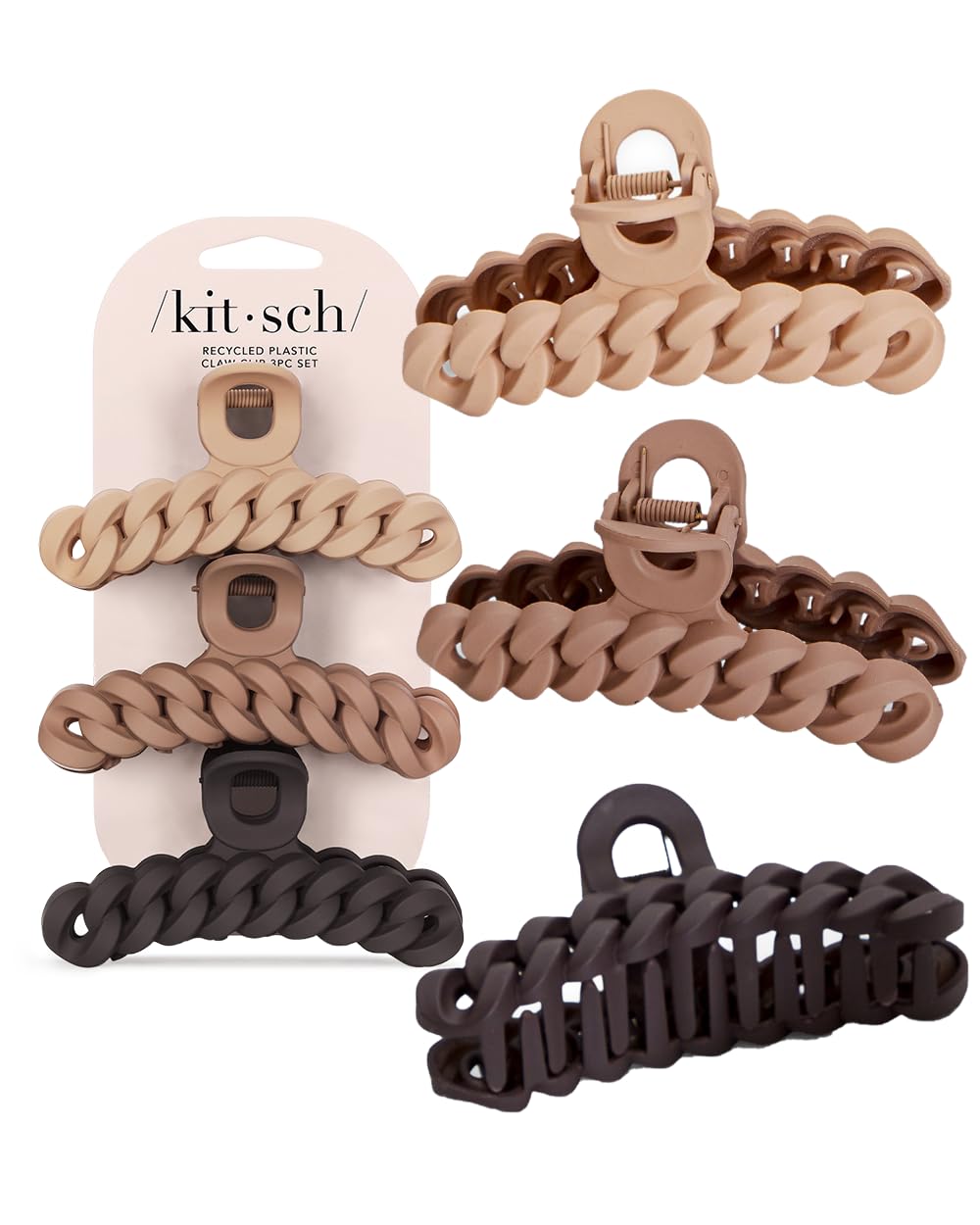 Kitsch Recycled Plastic Large Claw Clip - Big Chain Hair Clips for Women | Large Hair Claw Clips & Jaw Clips| Big Claw Clips for Thick Hair | Claw Hair Clips for Girls (3pc Set Large Neutrals)