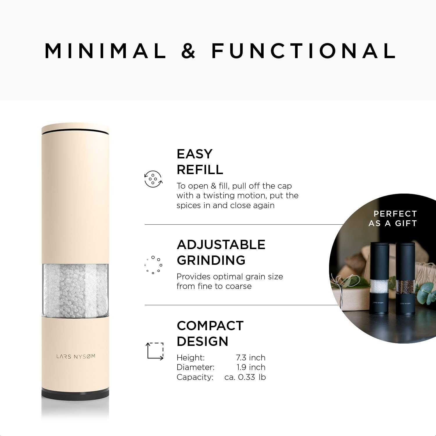 LARS NYSØM Salt and Pepper Mills Set Stainless Steel with Adjustable Ceramic Grinder 2 Pieces I Design Spice Mills Set Manual (Brown/Beige)