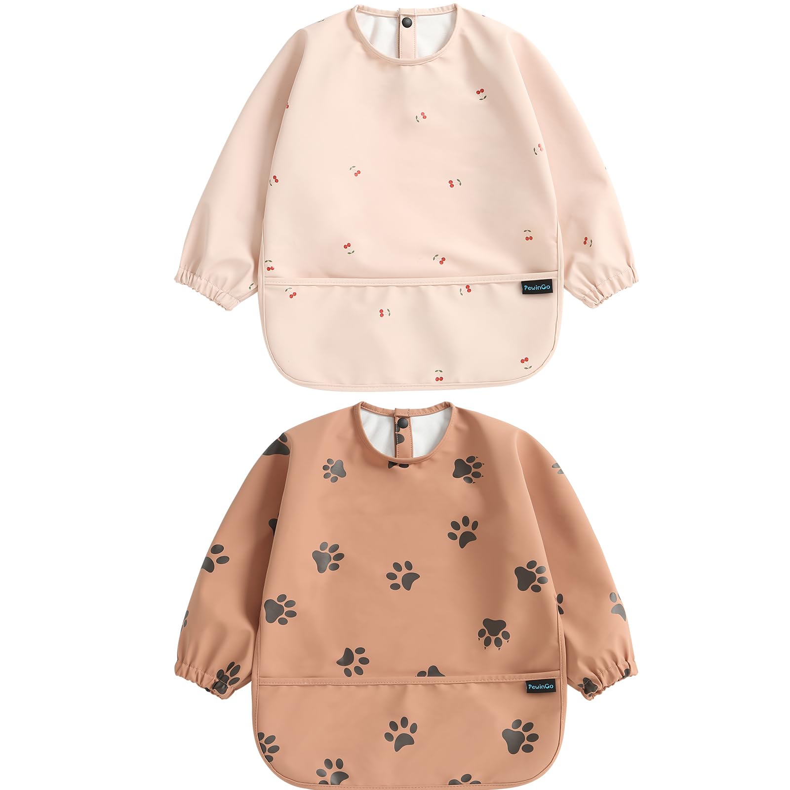 PewinGo Weaning Bib with Long Sleeves & BLW, Soft and Skin-Friendly Material, Coverall Bibs for Baby Feeding, Waterproof and Easy to Clean & Machine Washable, for Baby Infant Toddlers (Pink)