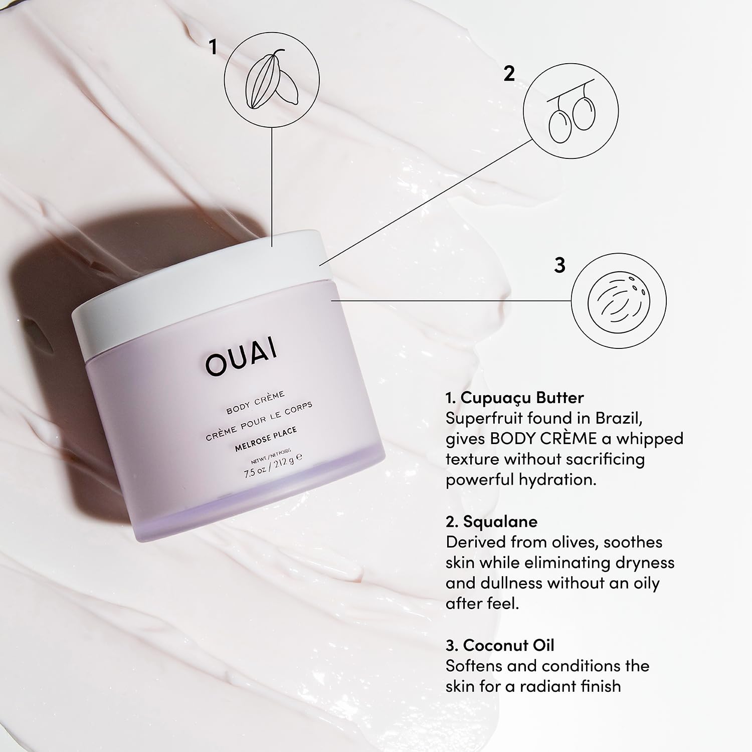 OUAI Body Cream, St. Barts - Hydrating Whipped Body Cream with Cupuaçu Butter, Coconut Oil and Squalane - Softens Skin and Delivers Healthy-Looking Glow - Sulfate-Free Skin Care - 7.5 Oz