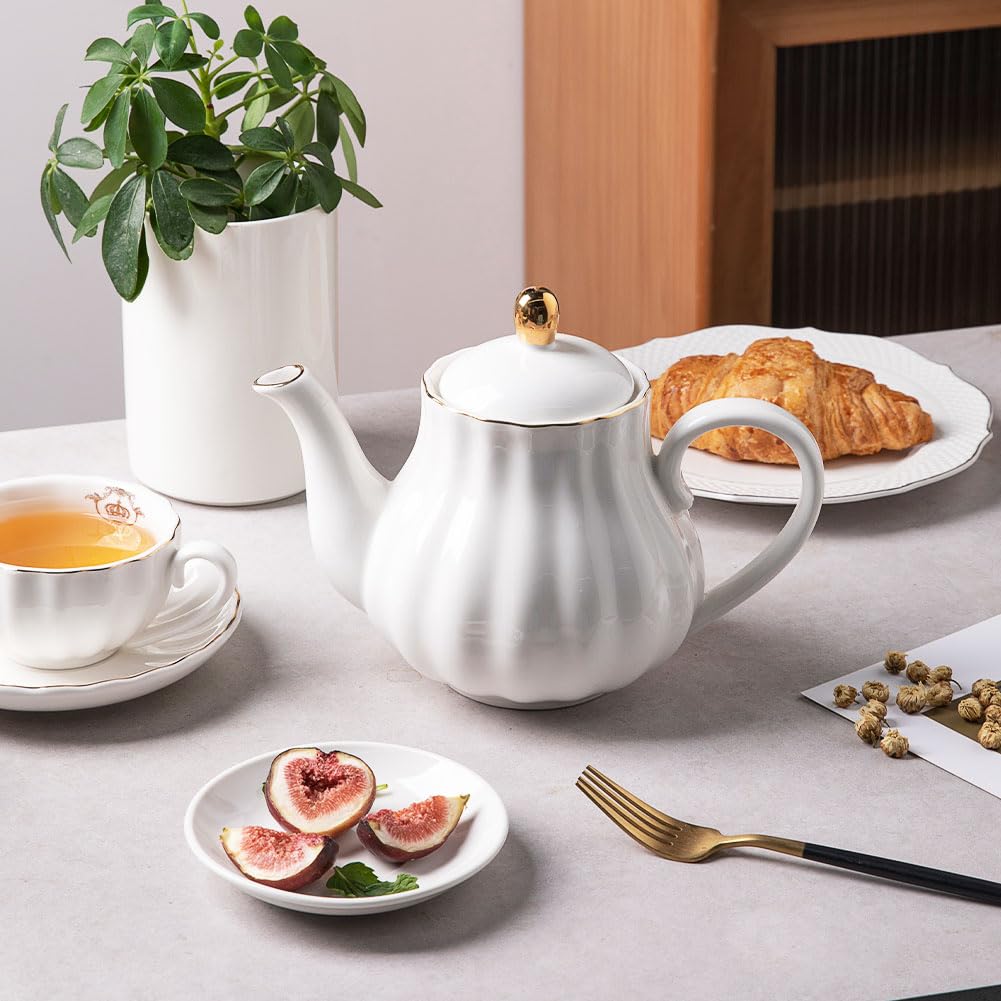 Sweejar Royal Teapot, Ceramic Tea Pot with Removable Stainless Steel Infuser, Blooming & Loose Leaf Teapot - 28 Ounce(White)