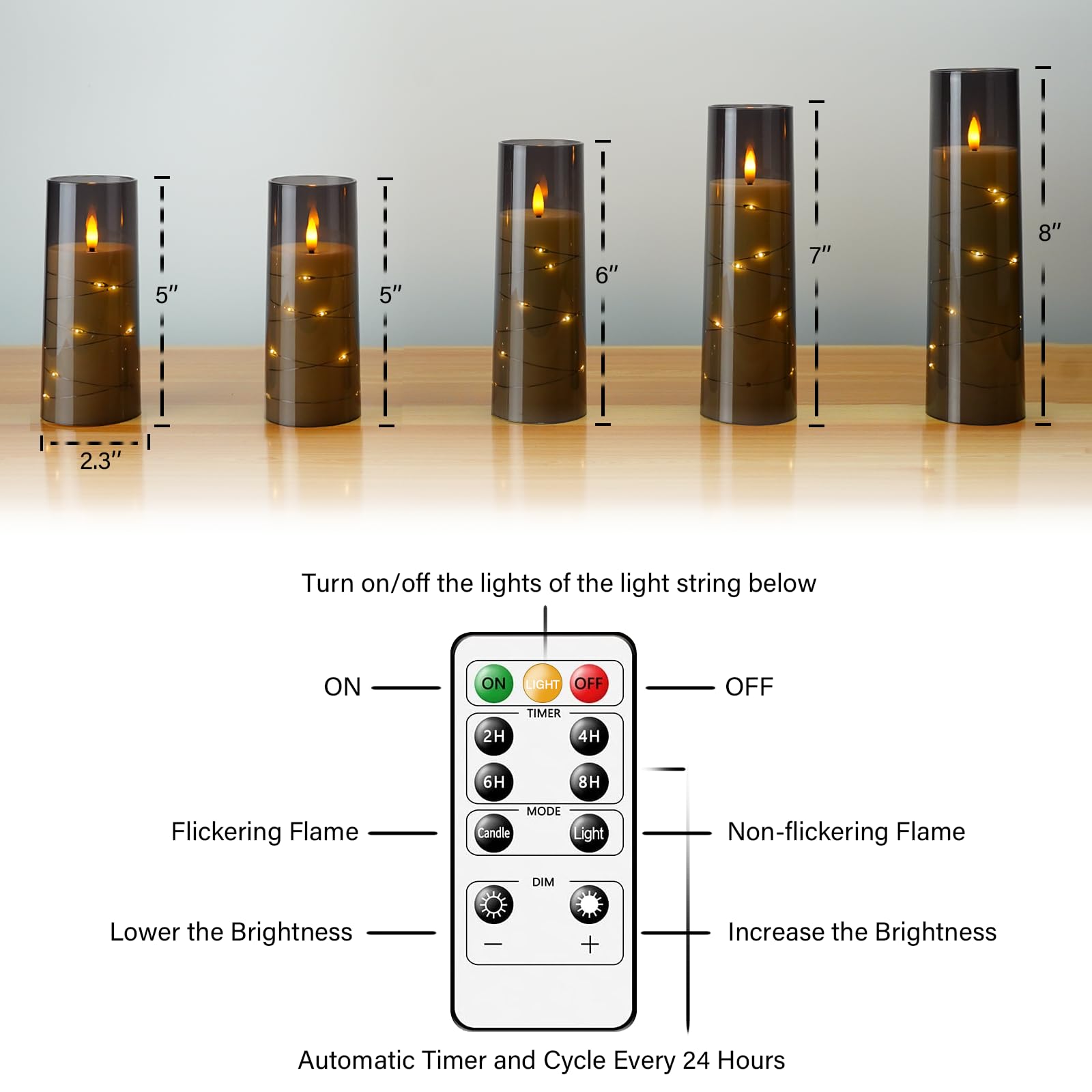 Flameless LED Candles with Timer 5 Pc Flickering Flameless Candles for Romantic Ambiance and Home Decoration Stable Acrylic Shell,with Embedded Star String,Battery Operated Candles(Grey)