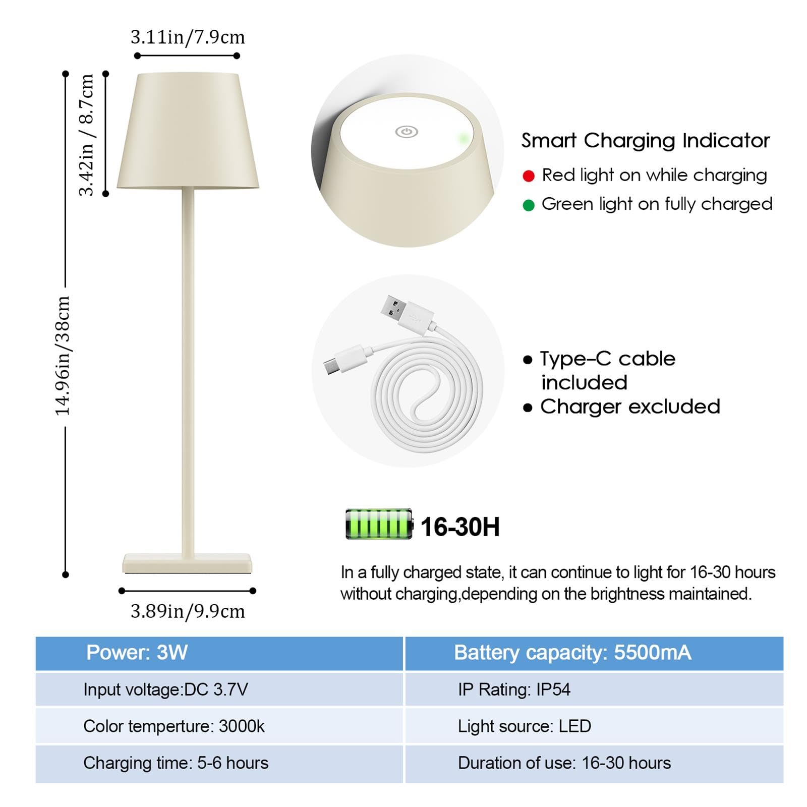 2-Pack LED Cordless Table Lamp, Rechargeable Battery Desk lamp 3W 5500mAh Battery Operated Stepless Dimming Modern Portable Table Light for Restaurant/Bedroom/Outdoor IP54 Waterproof (Off White)