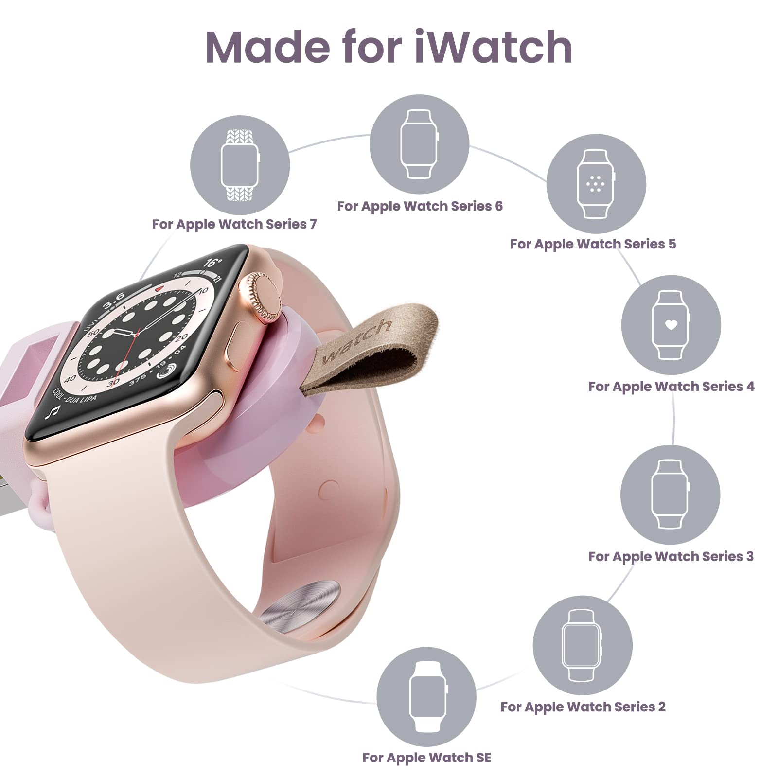 NEWDERY Charger for Apple Watch Portable iWatch USB Wireless Charger, Travel Cordless Charger with Light Weight Magnetic Quick Charge for Apple Watch Ultra 2 Series 9 8 7 6 5 4 3 2 1 SE, White