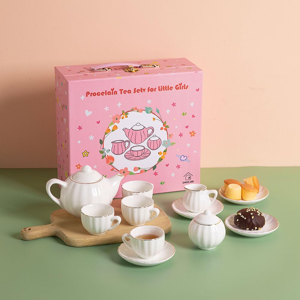 Sweejar Porcelain Tea Set for Little Girls,Kitchen Toys Tea Party Set for Kids Toddler Kitchen Pretend Toy Include Children Teapot, Cup & Saucer Set of 4, Sugar Bowl and Cream Pitcher(Pink)
