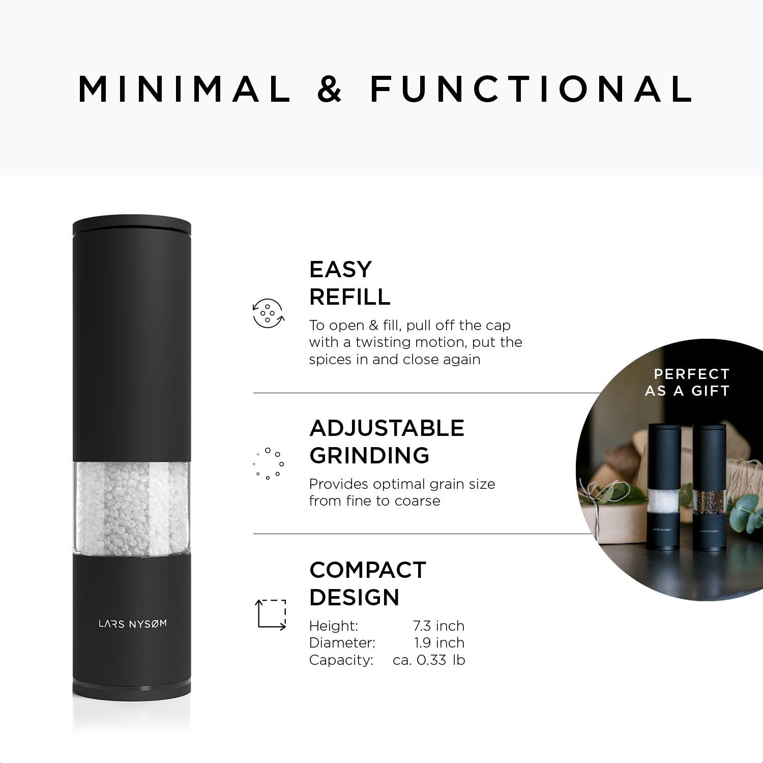 LARS NYSØM Salt and Pepper Mills Set Stainless Steel with Adjustable Ceramic Grinder 2 Pieces I Design Spice Mills Set Manual (Brown/Beige)