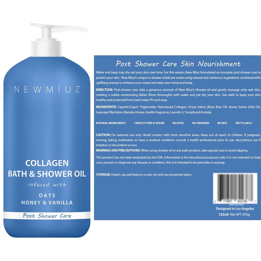 Collagen Shower Oil Body Wash - Natural Post Shower Care For Dry Skin in Shower Cleansing & Softening Moisturizing lotion Body & Legs Non Greasy Oatmeal Honey Vanilla Spa Self Care Spa Gift 10 Fl. Oz