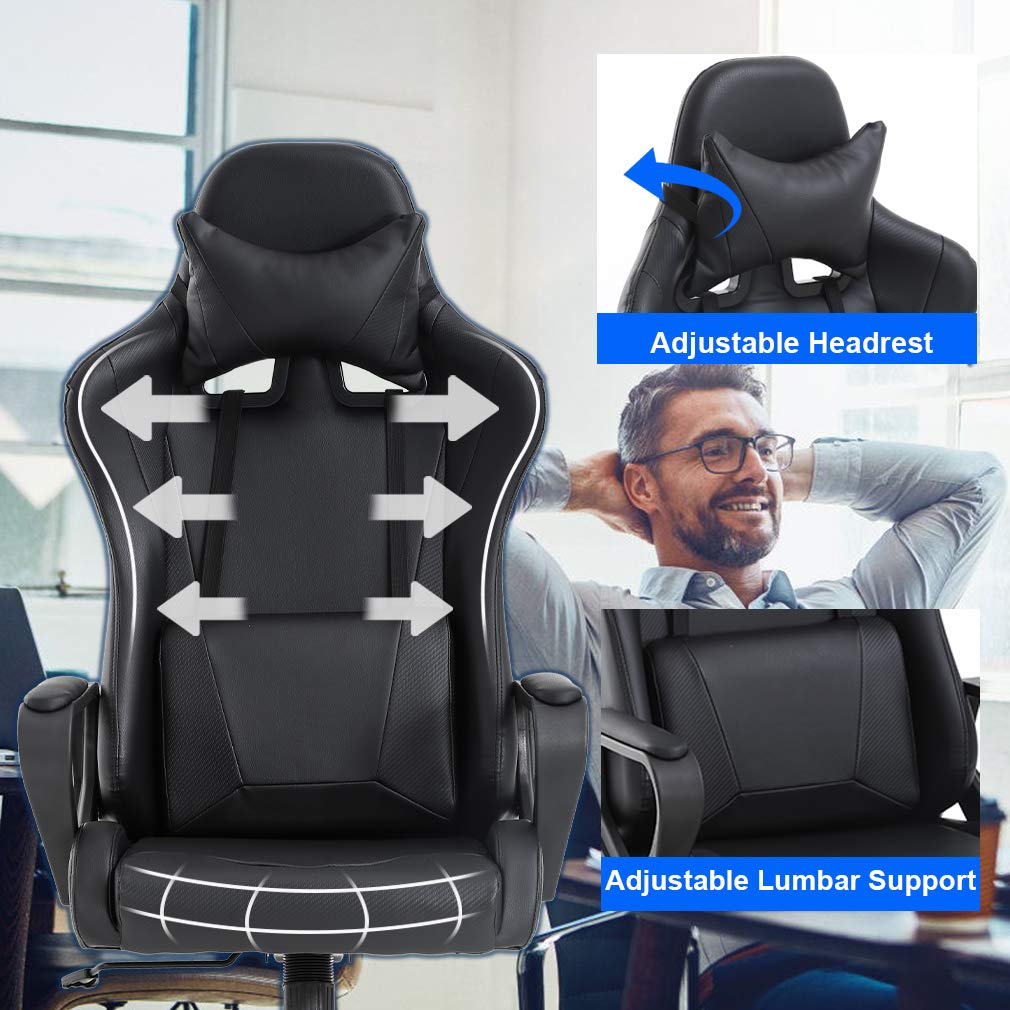 Ergonomic Office Chair, High-Back White Gaming Chair with Lumbar Support PC Computer Chair Racing Chair PU Task Desk Chair Ergonomic Executive Swivel Rolling Chair for Back Pain Women, Men (Black)