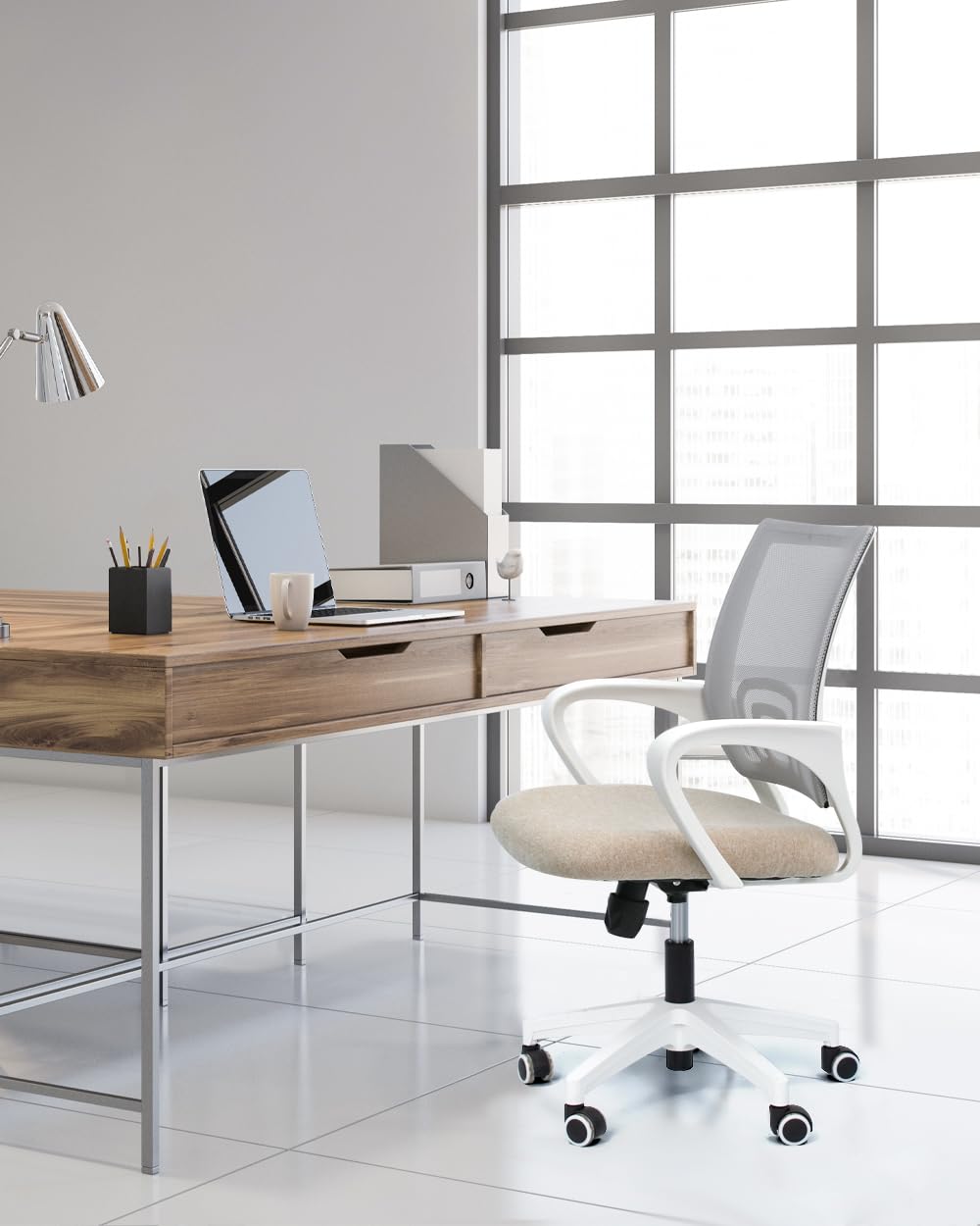 NEO CHAIR Office Chair Computer Desk Chair Gaming Ergonomic Mid Back Cushion Lumbar Support with Comfy Mesh Adjustable Swivel Rolling Home (Beige)