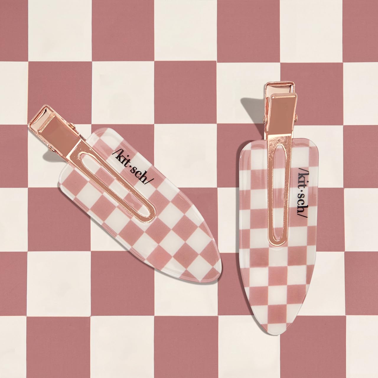 Kitsch Creaseless Hair Clips - Recycled Plastic XL No Bend Hair Clips for Makeup | No Crease Hair Clips | Stylish Make Up Hair Clip | Hair Accessories Styling Clips, 2pcs (Terracotta Checker)