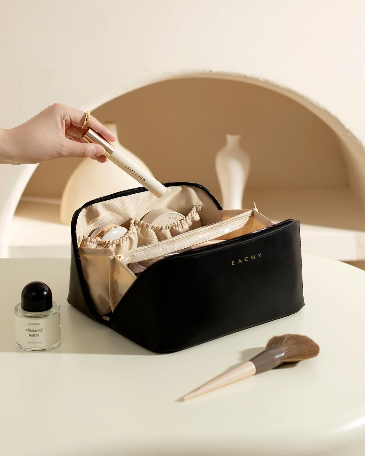 EACHY Travel Makeup Bag,Large Capacity Cosmetic Bags for Women,Waterproof Portable Pouch Open Flat Toiletry Bag Make up Organizer with Divider and Handle