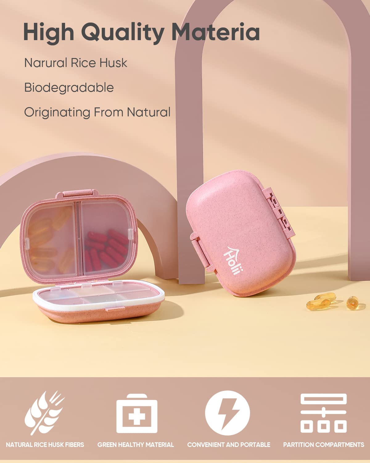 Holii Travel Pill Organizer, 8 Compartments Portable Pill Case, Daily Pill Box to Hold Vitamins, Small Pill Container for Pocket Purse Medicine Organizer(Khaki)