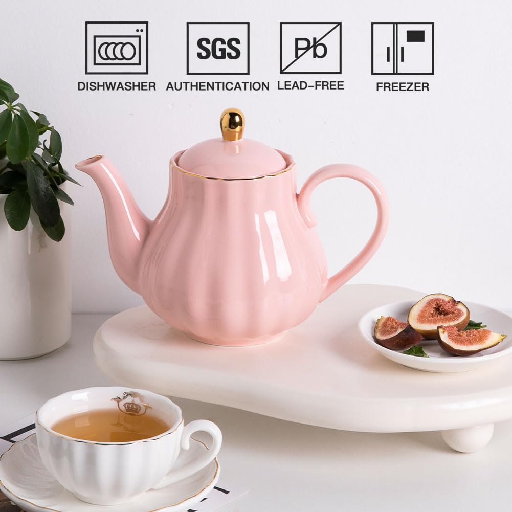Sweejar Royal Teapot, Ceramic Tea Pot with Removable Stainless Steel Infuser, Blooming & Loose Leaf Teapot - 28 Ounce(White)