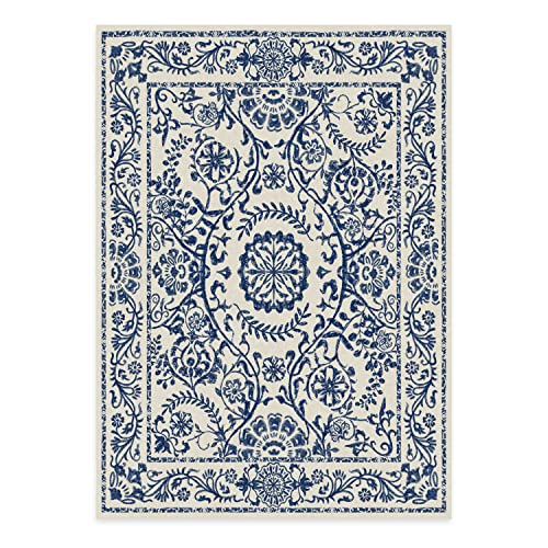 RUGGABLE Washable 2x3 Area Rug, Delphina Delft Blue, Premium Vintage Rugs for Living Room, Bedroom, Kitchen, Office, Classroom with Gripper Non Slip Pad