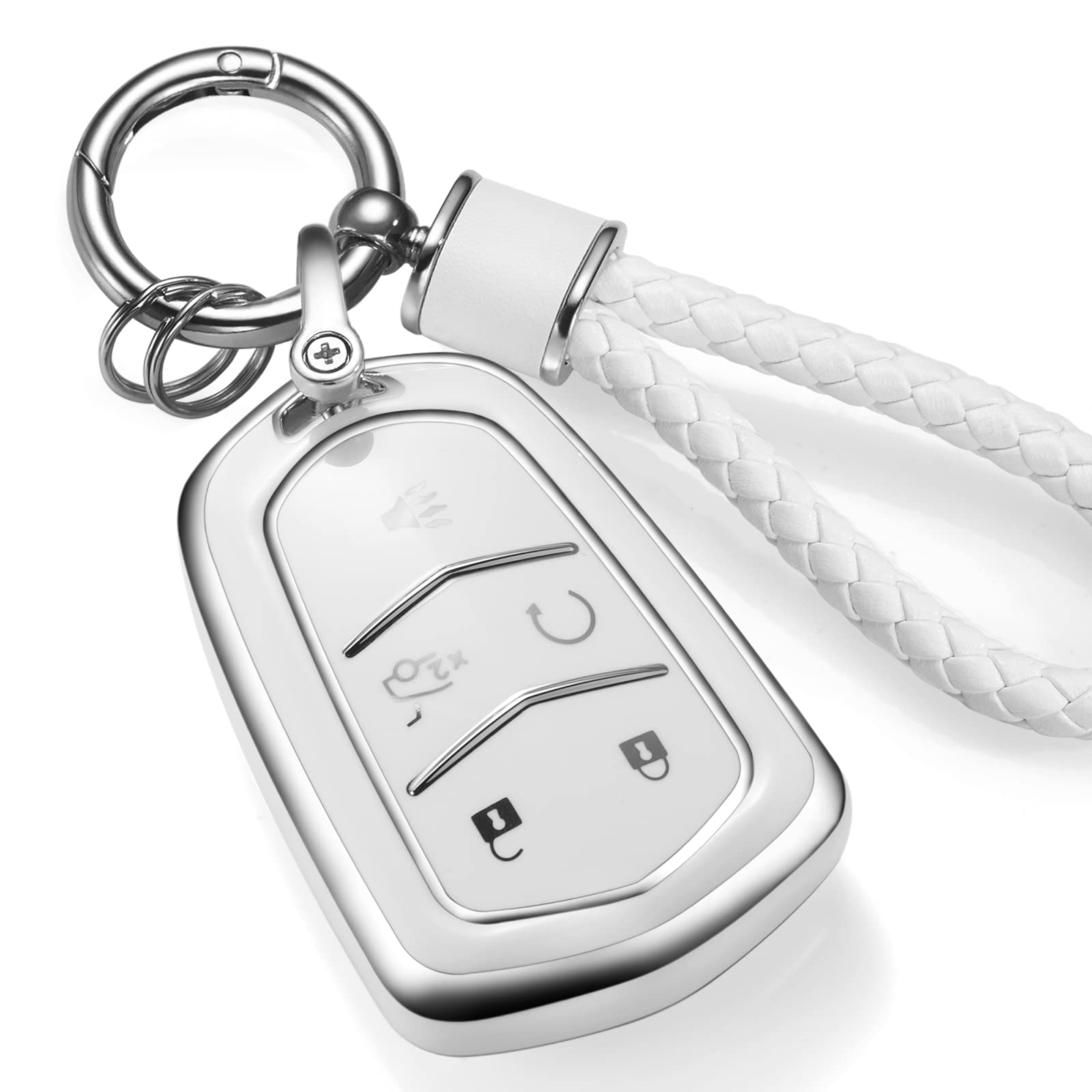 Cadillac Key Fob Cover with Metal Braided Rope Keychain, Upgraded Soft Key Case for 2015-2019 Escalade CTS SRX XT5 ATS STS CT6 (5 Button) (Gold Edge)