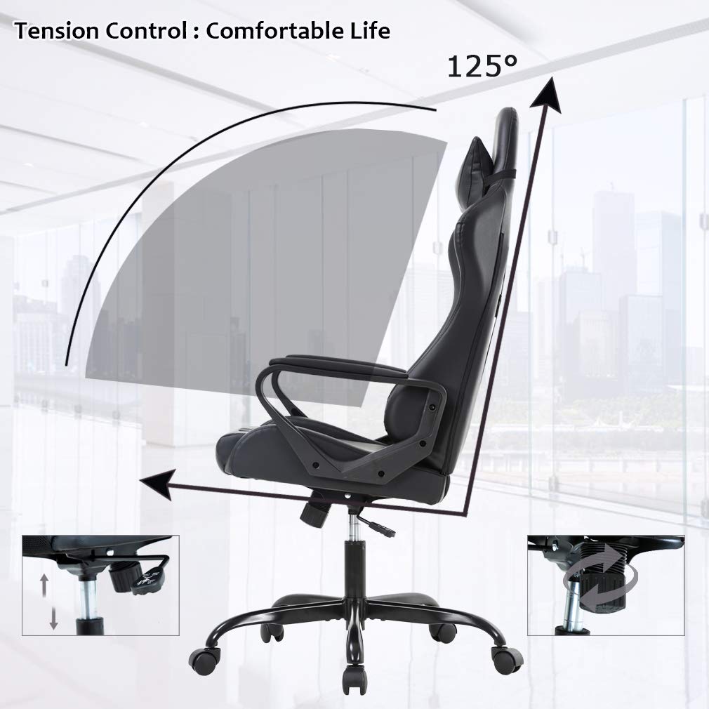 Ergonomic Office Chair, High-Back White Gaming Chair with Lumbar Support PC Computer Chair Racing Chair PU Task Desk Chair Ergonomic Executive Swivel Rolling Chair for Back Pain Women, Men (Black)