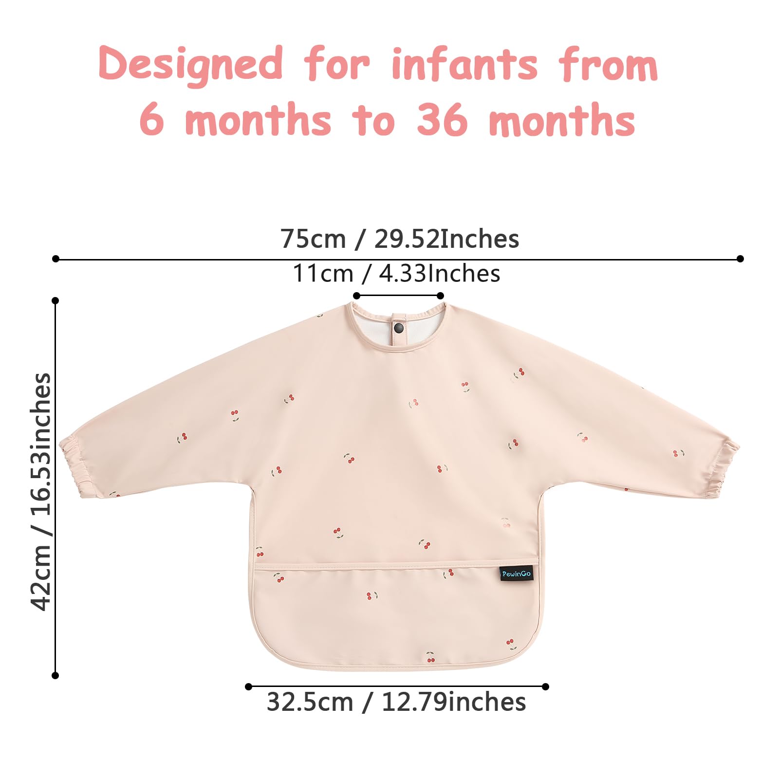 PewinGo Weaning Bib with Long Sleeves & BLW, Soft and Skin-Friendly Material, Coverall Bibs for Baby Feeding, Waterproof and Easy to Clean & Machine Washable, for Baby Infant Toddlers (Pink)