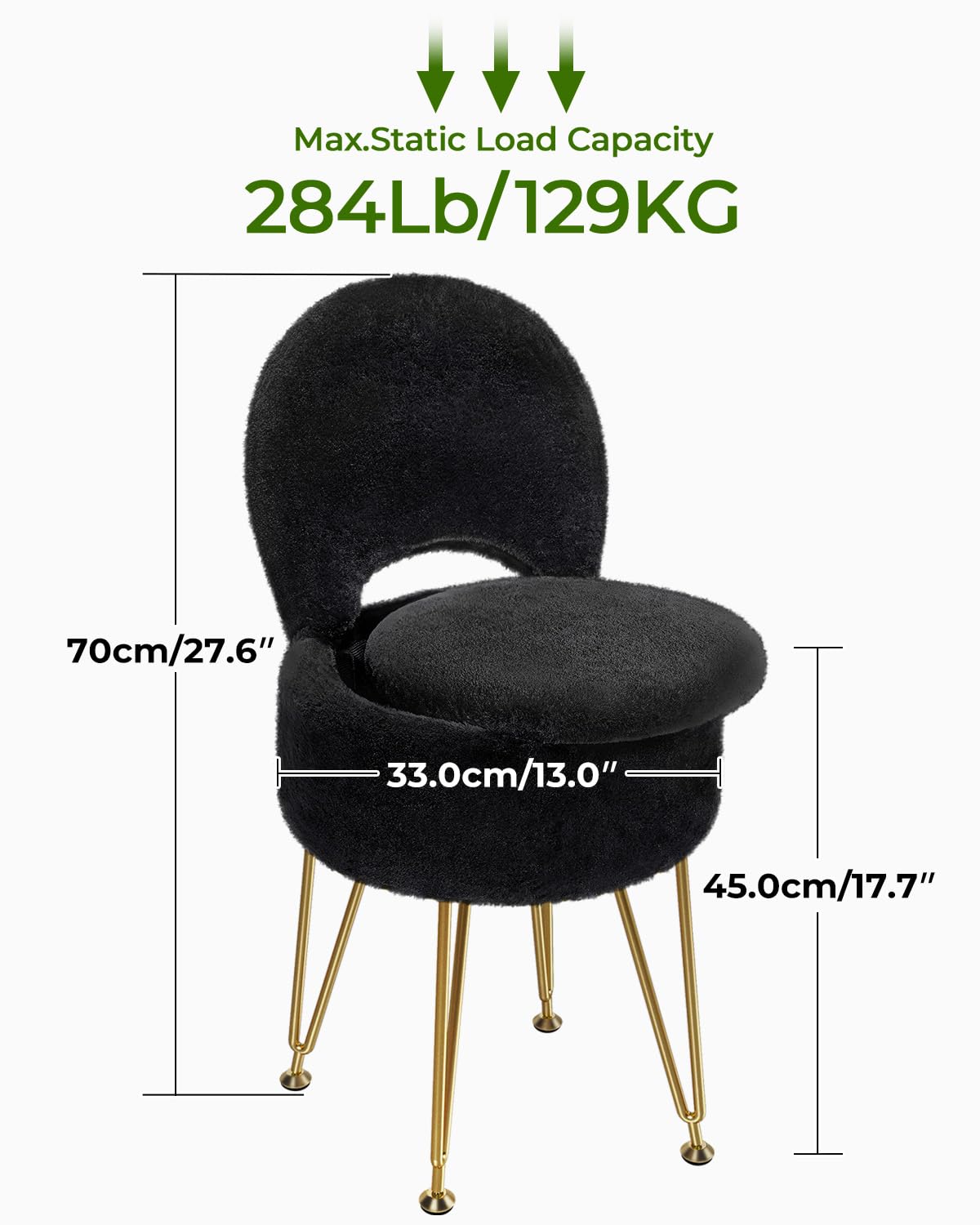 Greenstell Vanity Stool with Foldable Back, Vanity Chair with Storage, 13" Dx 27.7" H Faux Fur Soft Ottoman, 4 Metal Legs with Anti-Slip Feet, Small Furry Padded Seat for Makeup, Bedroom, White