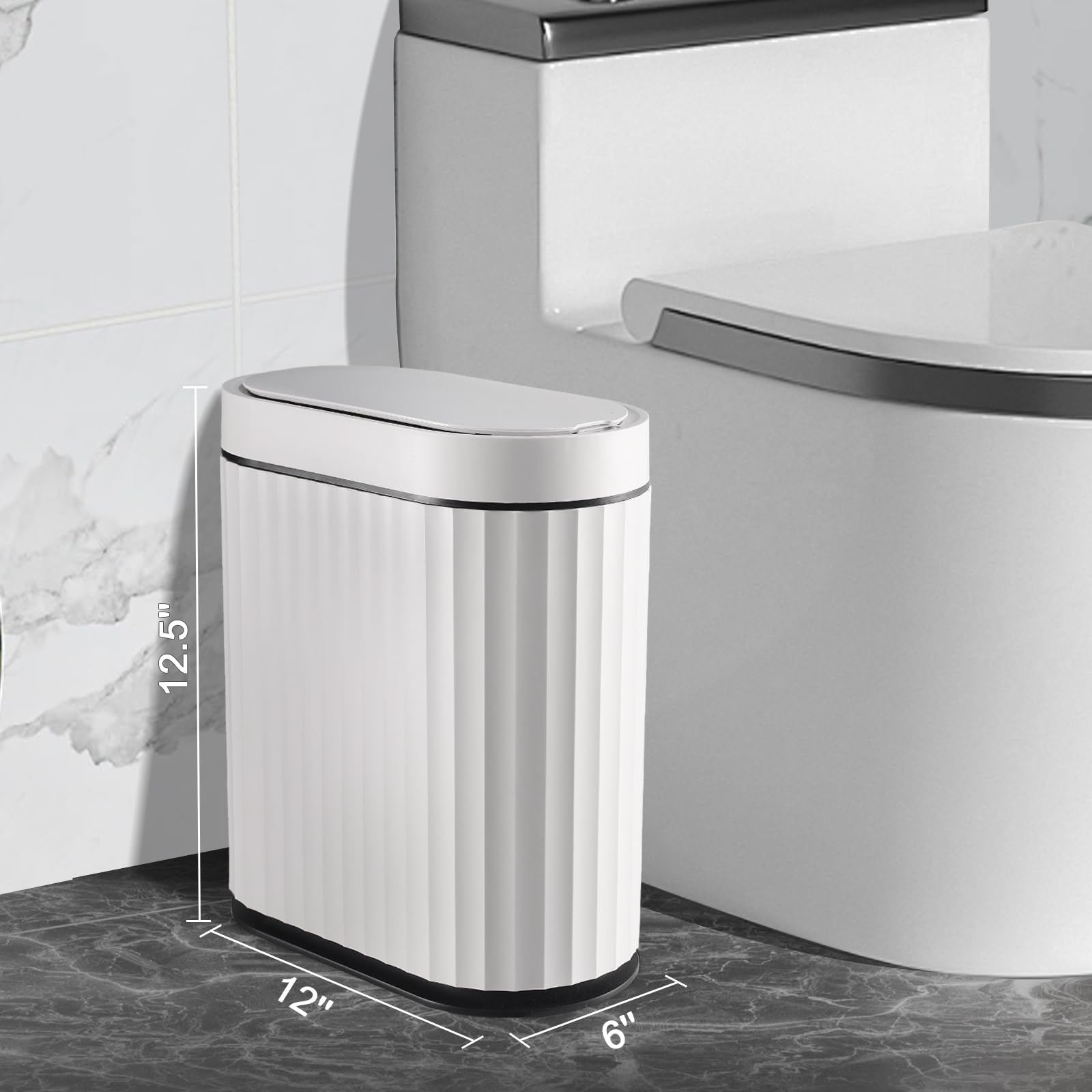 ELPHECO Mini Desktop Trash Can with Lid, Small Slim Automatic Garbage Can, 1.3 Gallon Motion Sensor Countertop Waste Basket for Bedroom, Office, Bathroom, White with Grey Trim