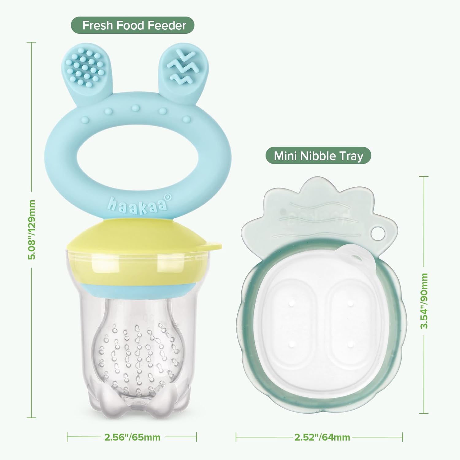 Haakaa Baby Fruit Food Feeder & Mini Freezer Nibble Tray Combo, Breastmilk Popsicle Molds for Cooling Relief, BPA Free Silicone Feeder for Safe Infant Self Feeding, 4 Month+ (Pea Green)