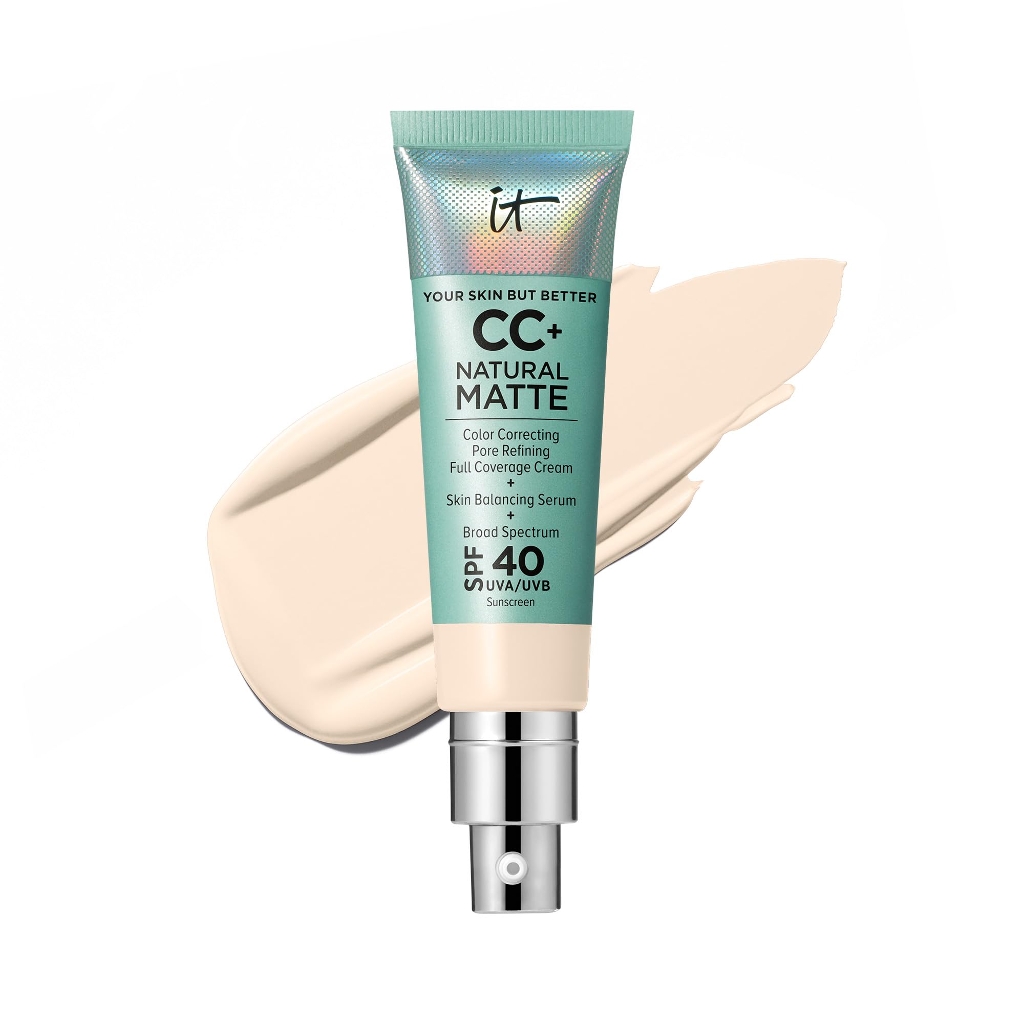 IT Cosmetics CC+ Cream Natural Matte Foundation with SPF 40 - Shine-Reducing & Long-Wear Full Coverage Foundation For Oily Skin - With Hyaluronic Acid - Fragrance Free & Non-Comedogenic - 1.08 fl oz