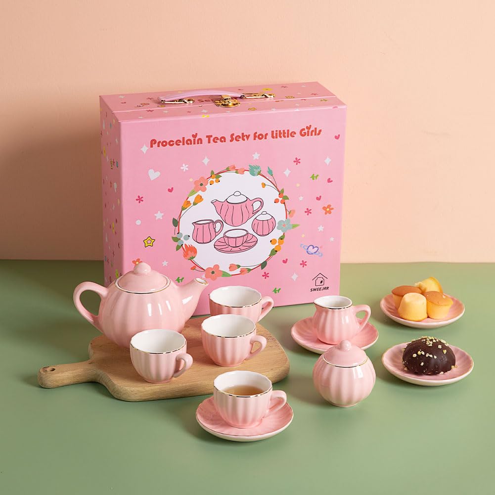 Sweejar Porcelain Tea Set for Little Girls,Kitchen Toys Tea Party Set for Kids Toddler Kitchen Pretend Toy Include Children Teapot, Cup & Saucer Set of 4, Sugar Bowl and Cream Pitcher(Pink)