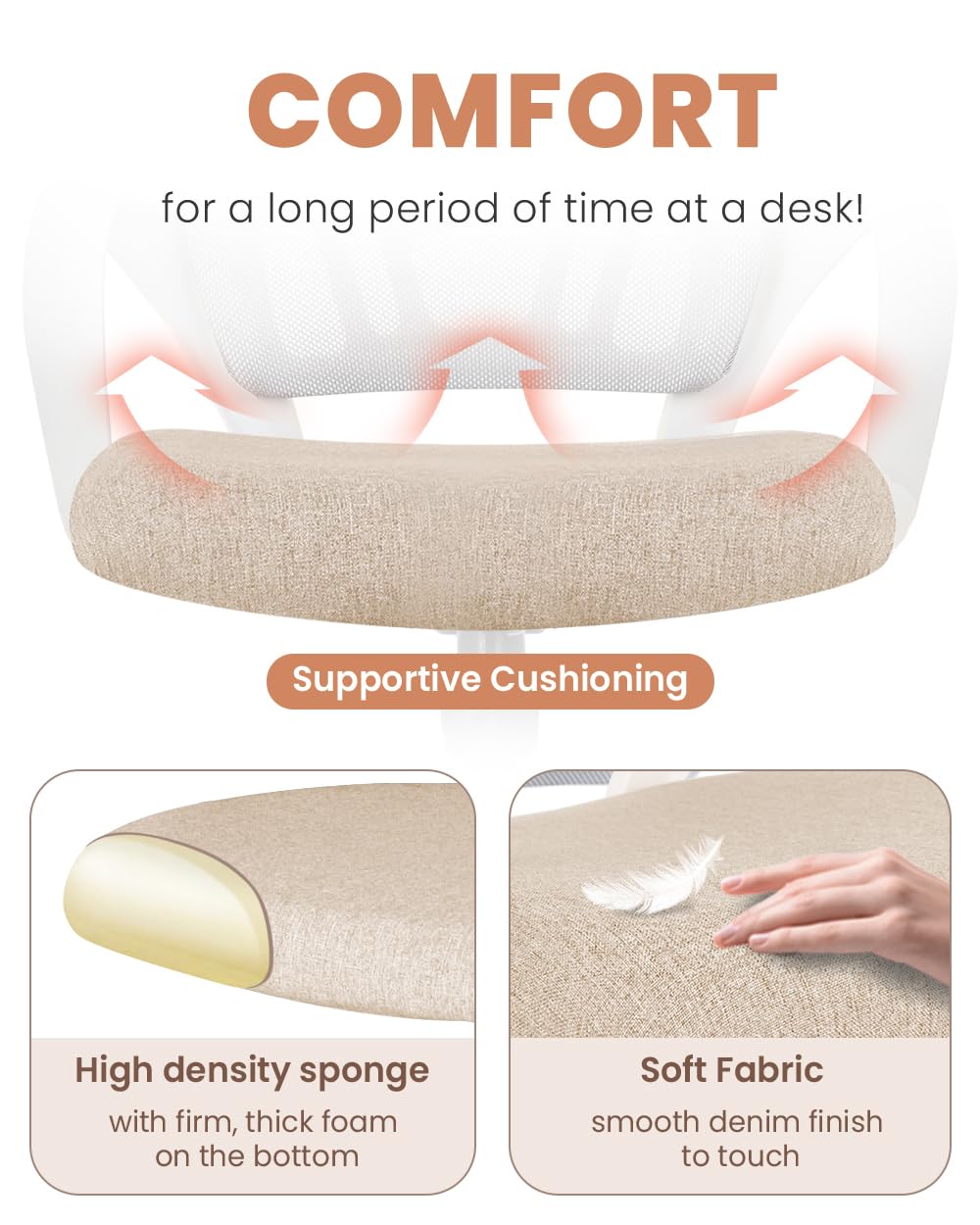 NEO CHAIR Office Chair Computer Desk Chair Gaming Ergonomic Mid Back Cushion Lumbar Support with Comfy Mesh Adjustable Swivel Rolling Home (Beige)