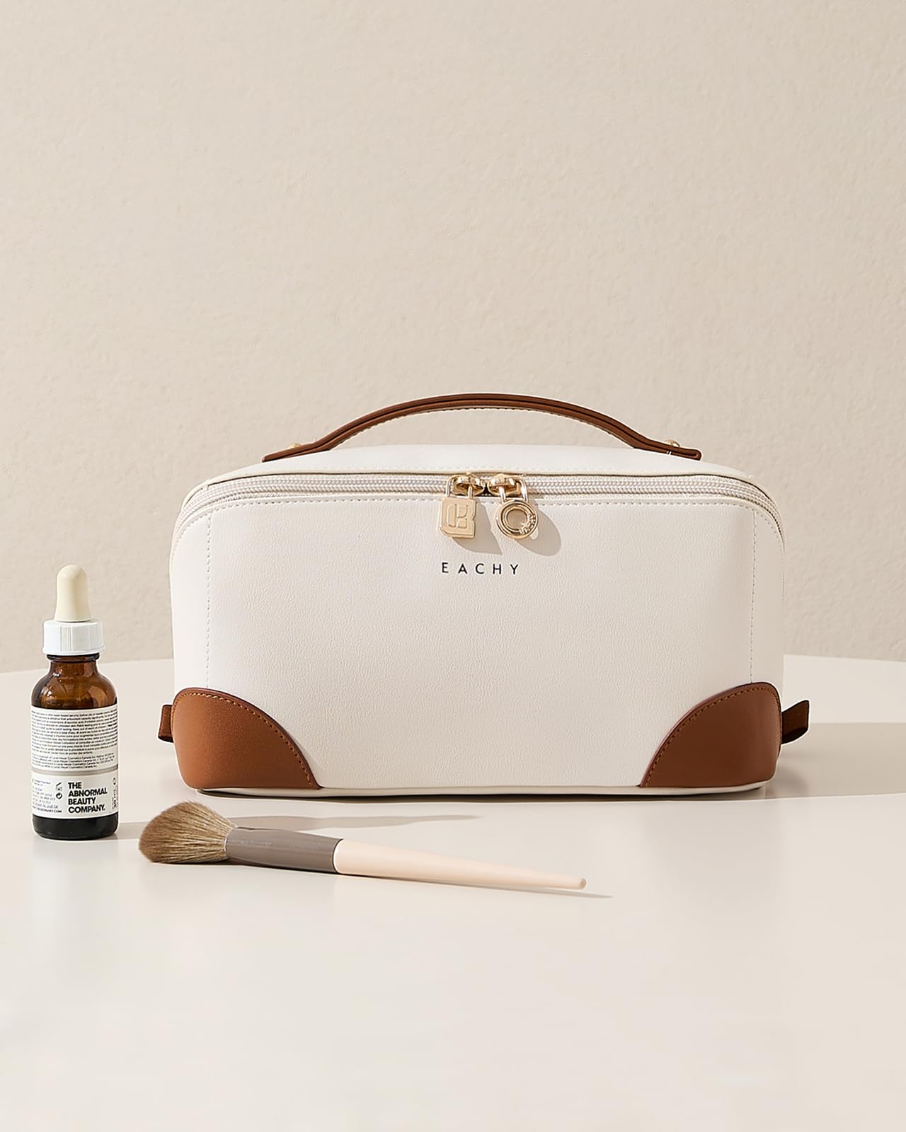 EACHY Travel Makeup Bag,Large Capacity Cosmetic Bags for Women,Waterproof Portable Pouch Open Flat Toiletry Bag Make up Organizer with Divider and Handle