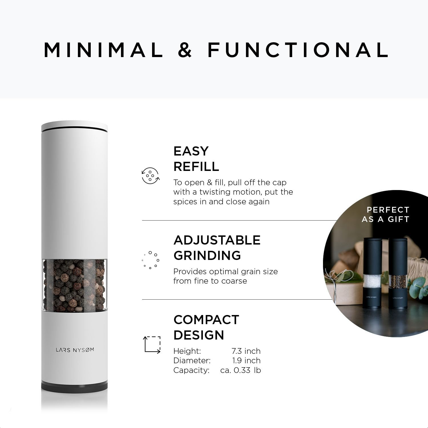 LARS NYSØM Salt and Pepper Mills Set Stainless Steel with Adjustable Ceramic Grinder 2 Pieces I Design Spice Mills Set Manual (Brown/Beige)