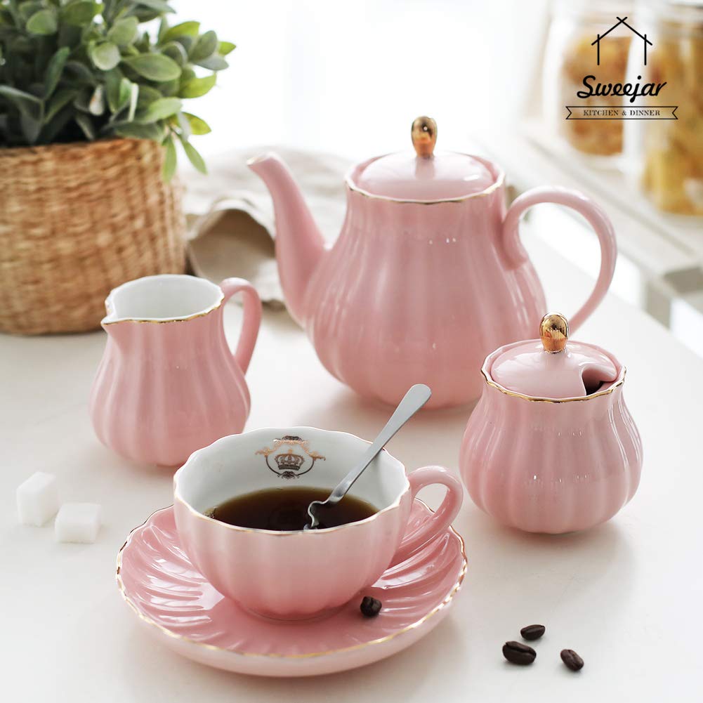 Sweejar Royal Ceramic Sugar and Creamer Set with Lid, 28 oz Teapot with Removable Stainless Steel Infuser,Blooming & Loose Leaf Teapot offee Serving Set Wedding Gift(Pink)