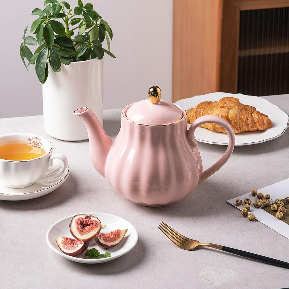 Sweejar Royal Teapot, Ceramic Tea Pot with Removable Stainless Steel Infuser, Blooming & Loose Leaf Teapot - 28 Ounce(White)
