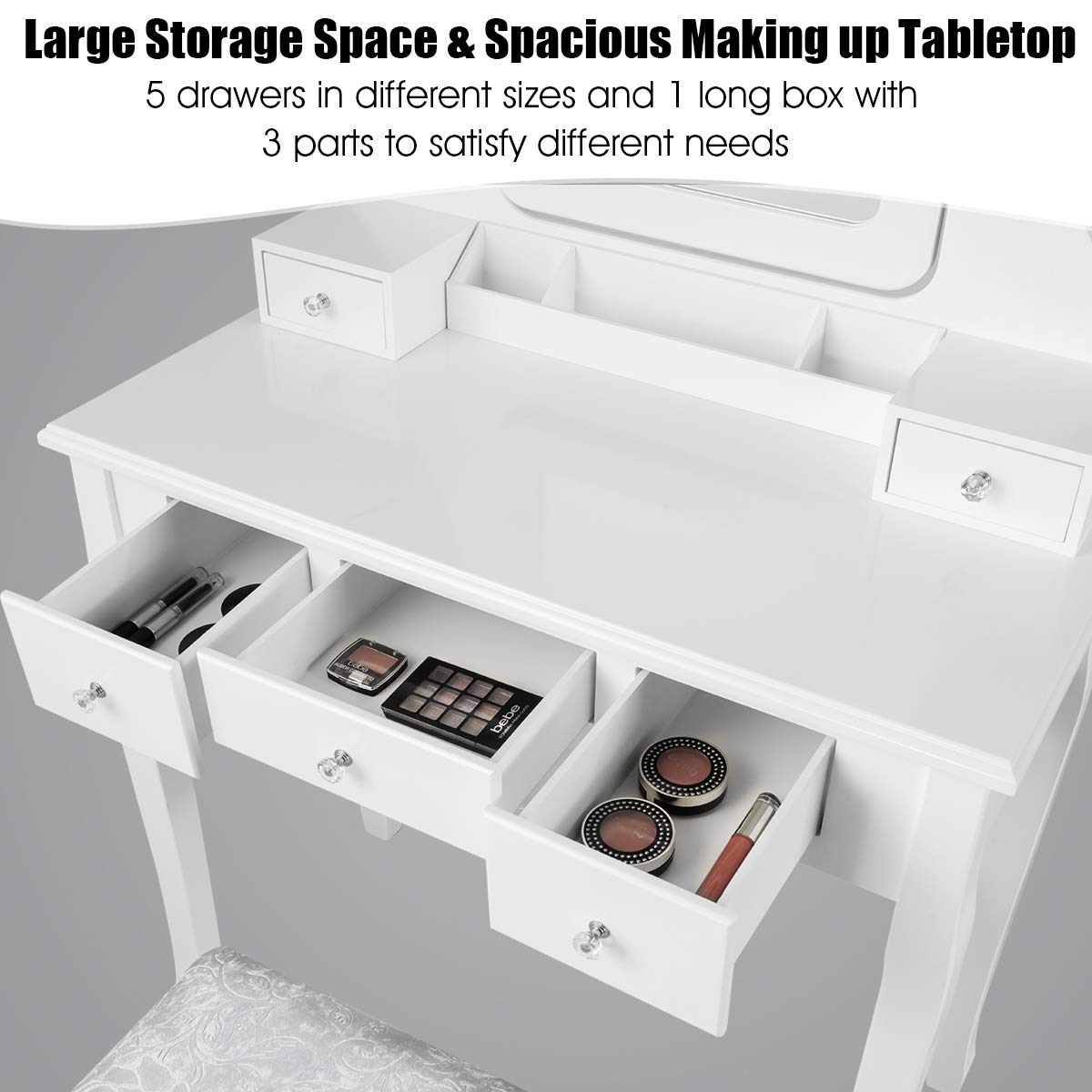 DORTALA Vanity Table Set with 360° Mirror & Cushioned Stool, Makeup Table with 10 LED Dimmable Bulbs, Bedroom Wood Dressing Table with 5 Drawers and Removable Box Organizer, Gift for Females (White)