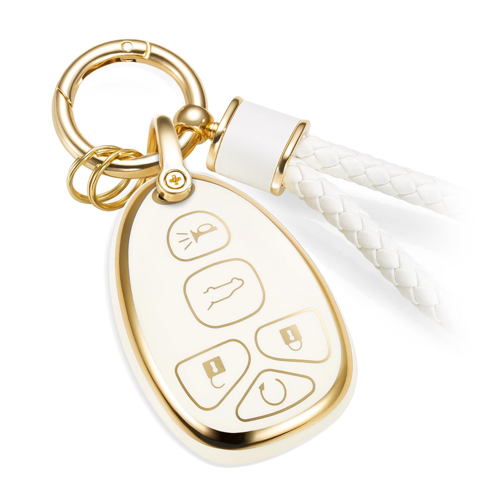 Cadillac Key Fob Cover with Metal Braided Rope Keychain, Upgraded Soft Key Case for 2015-2019 Escalade CTS SRX XT5 ATS STS CT6 (5 Button) (Gold Edge)