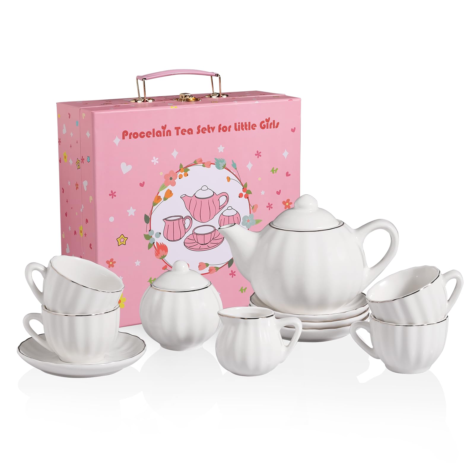 Sweejar Porcelain Tea Set for Little Girls,Kitchen Toys Tea Party Set for Kids Toddler Kitchen Pretend Toy Include Children Teapot, Cup & Saucer Set of 4, Sugar Bowl and Cream Pitcher(Pink)