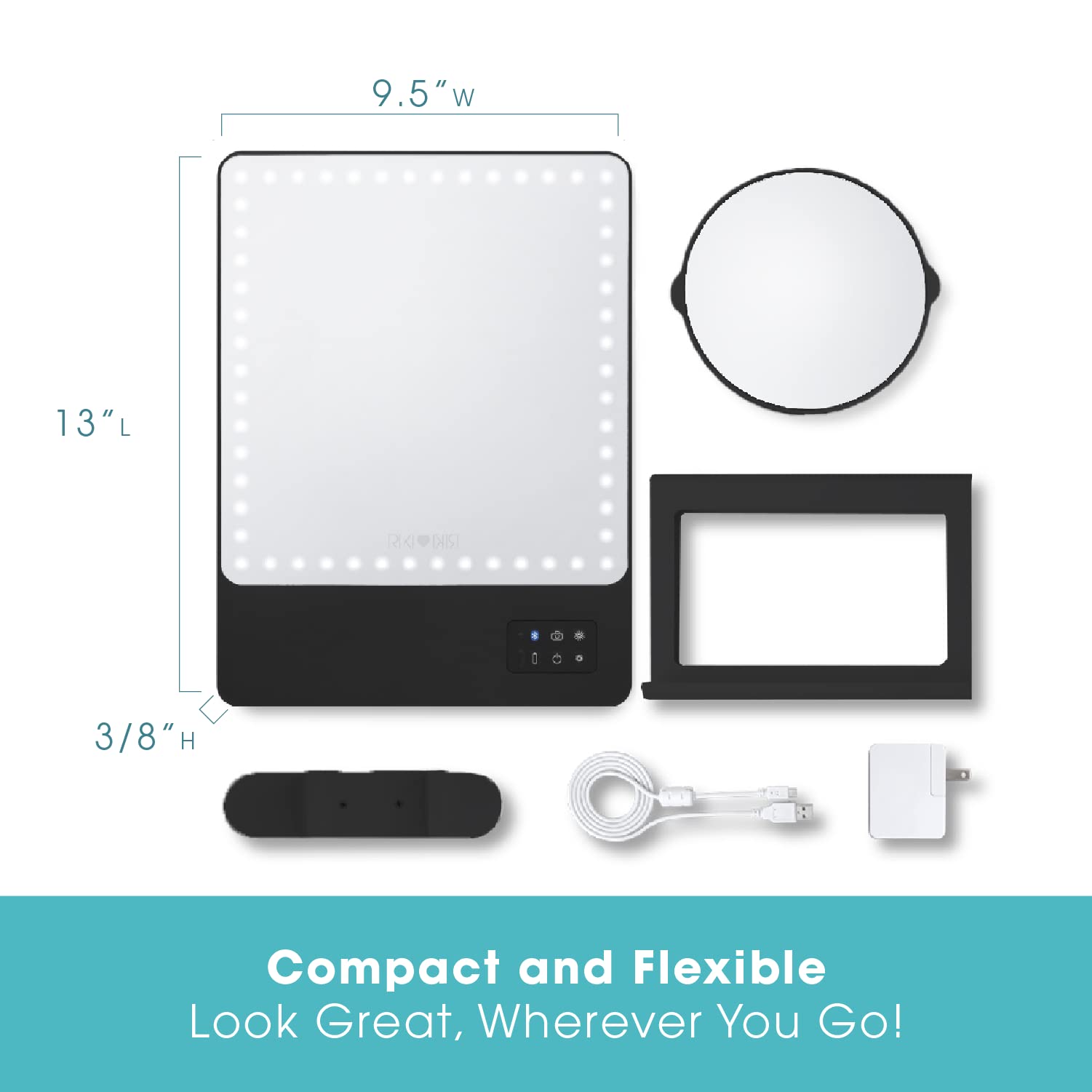 Glamcor Riki Skinny Smart Vanity Mirror with HD LEDs, Magnifying Mirror Attachment, Phone Holder and Bluetooth Control (Champagne Gold, 5X Magnification)