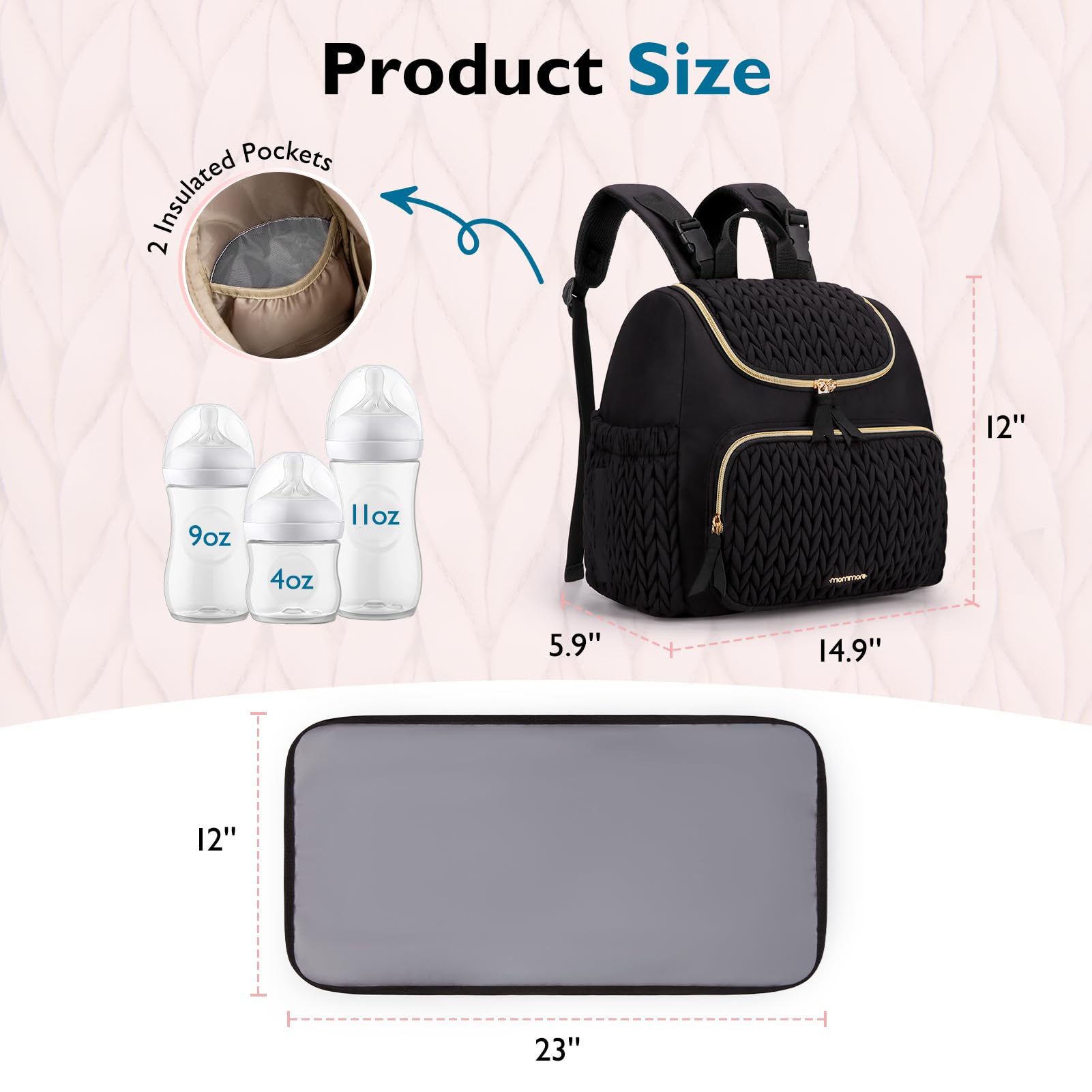 mommore Diaper Bag Small Diaper Backpack Stylish Baby Backpacks Travel Mini Maternity Bags with Insulated Pockets, Changing Pad, Stroller Straps