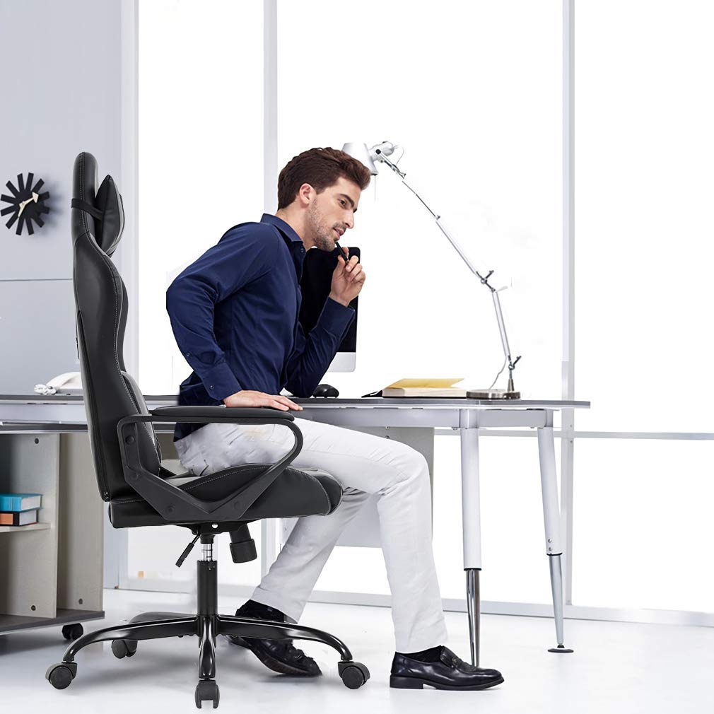 Ergonomic Office Chair, High-Back White Gaming Chair with Lumbar Support PC Computer Chair Racing Chair PU Task Desk Chair Ergonomic Executive Swivel Rolling Chair for Back Pain Women, Men (Black)